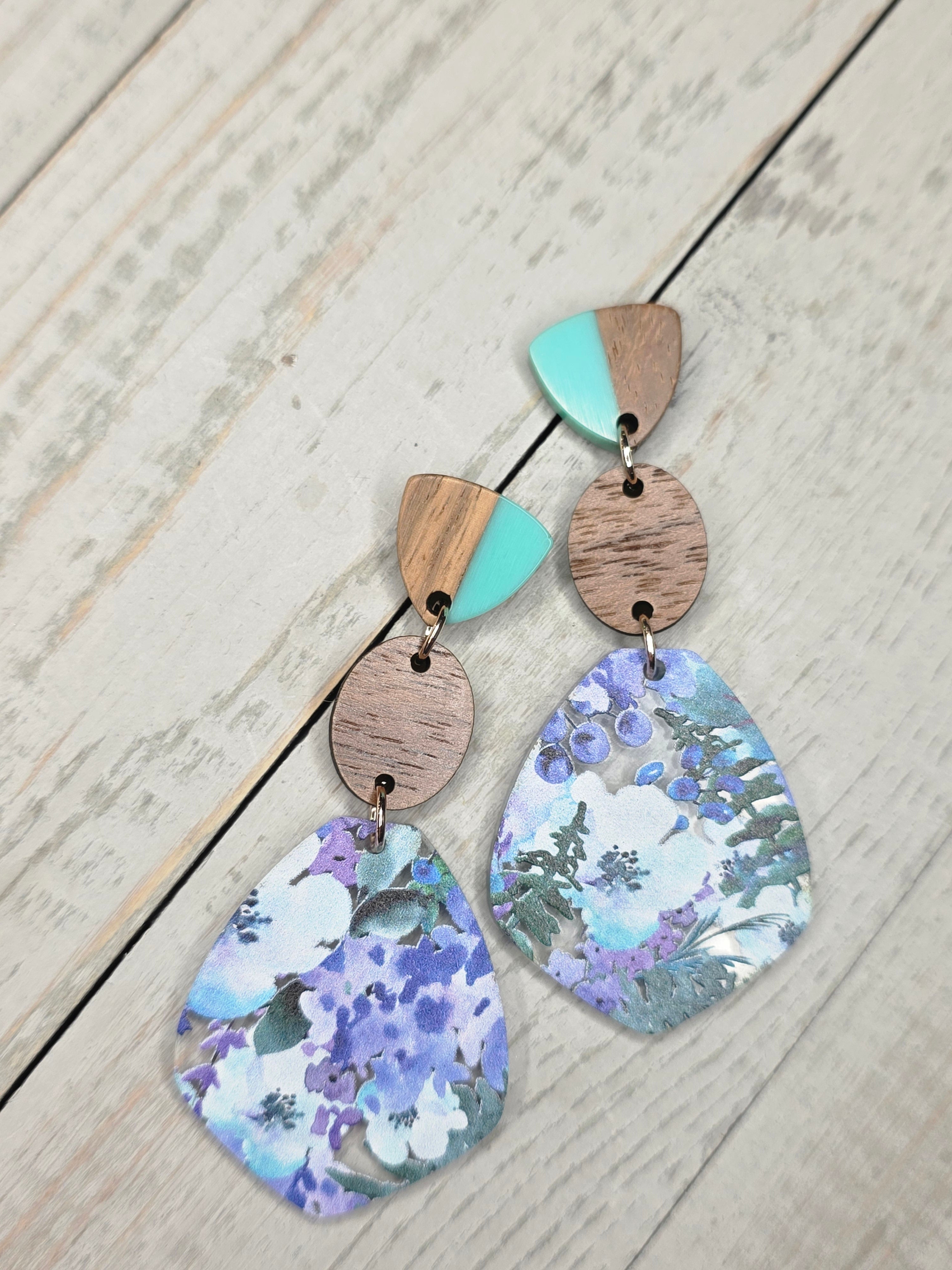 Blue Floral Acrylic & Wood Dangle Earrings