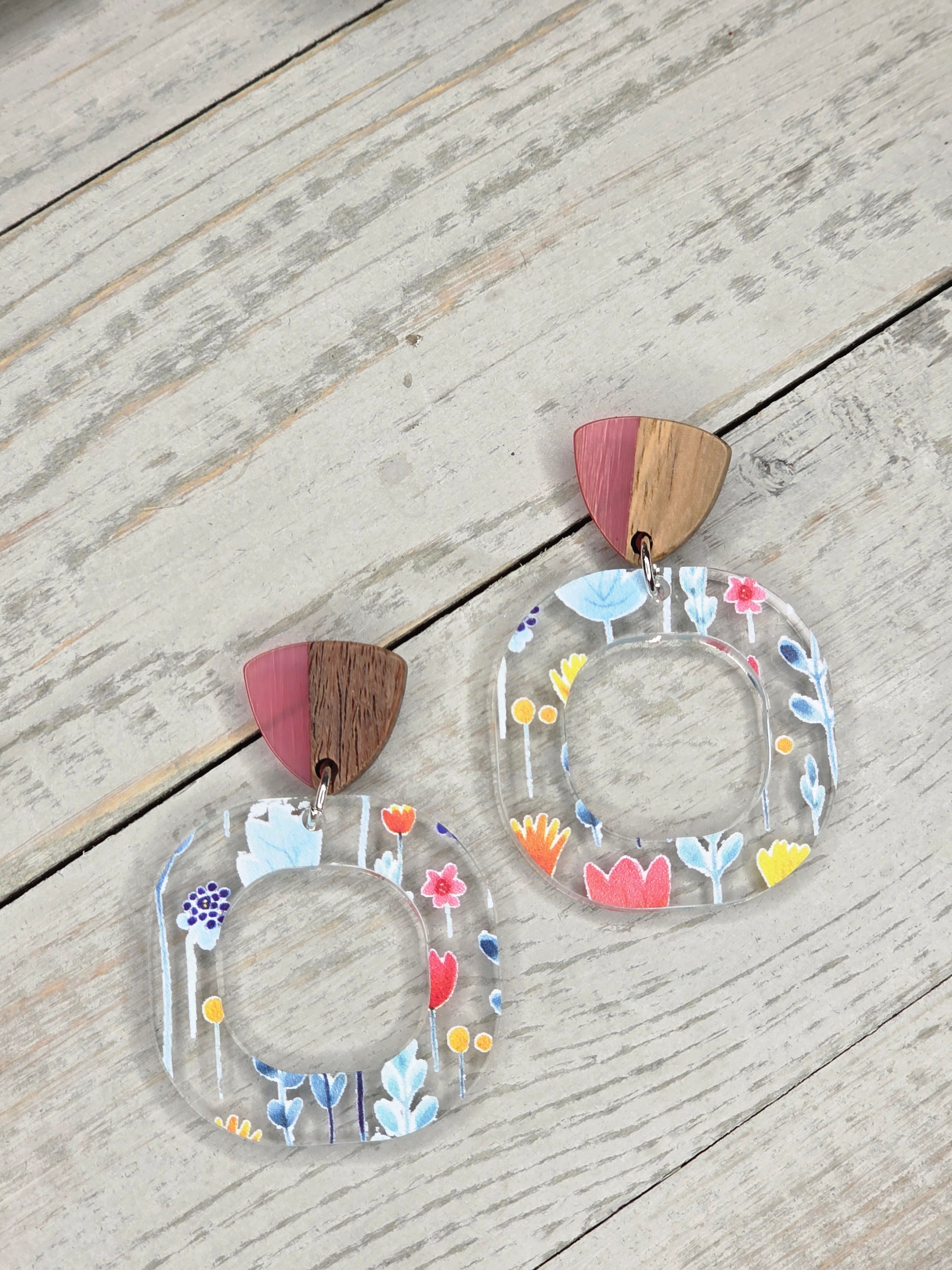 Floral Acrylic & Wood Hoop Earrings