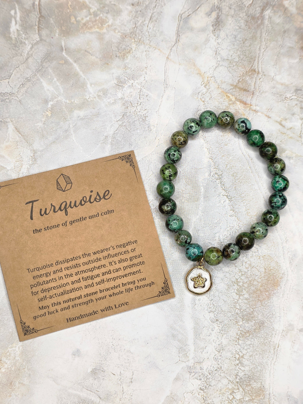 African Turquoise Stone of Calm Bracelet with Gold Starfish Charm