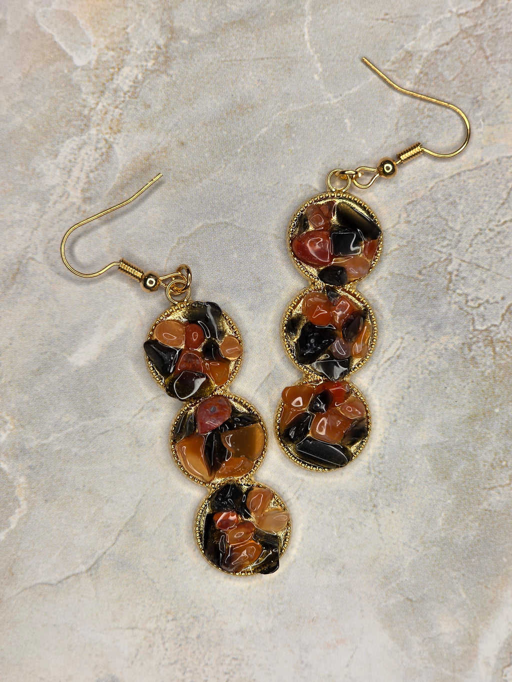 Red Agate & Onyx Triple-Drop Earrings