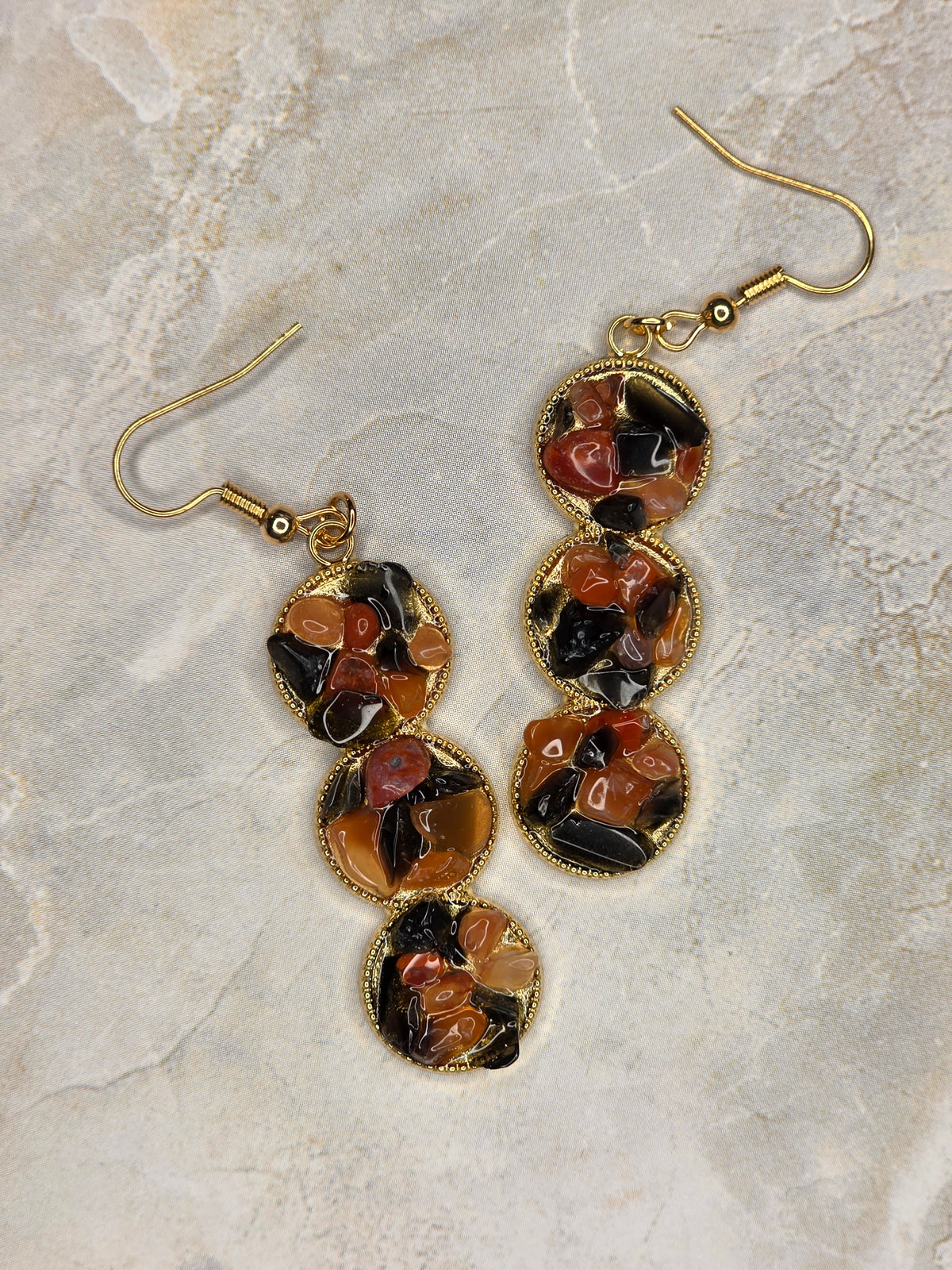Red Agate & Onyx Triple-Drop Earrings