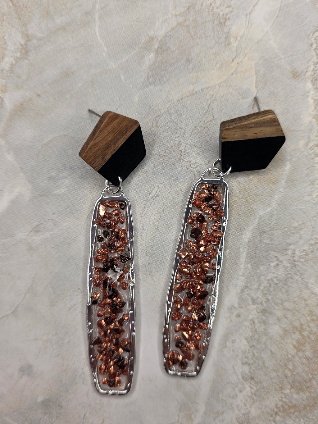 Wood & Copper Chip Resin Dangle Earrings