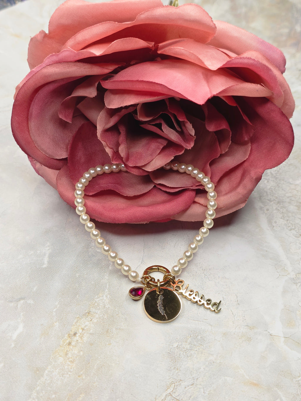 July Birthstone Charm Bracelet — Ruby, Birth Flower & Blessed Charm