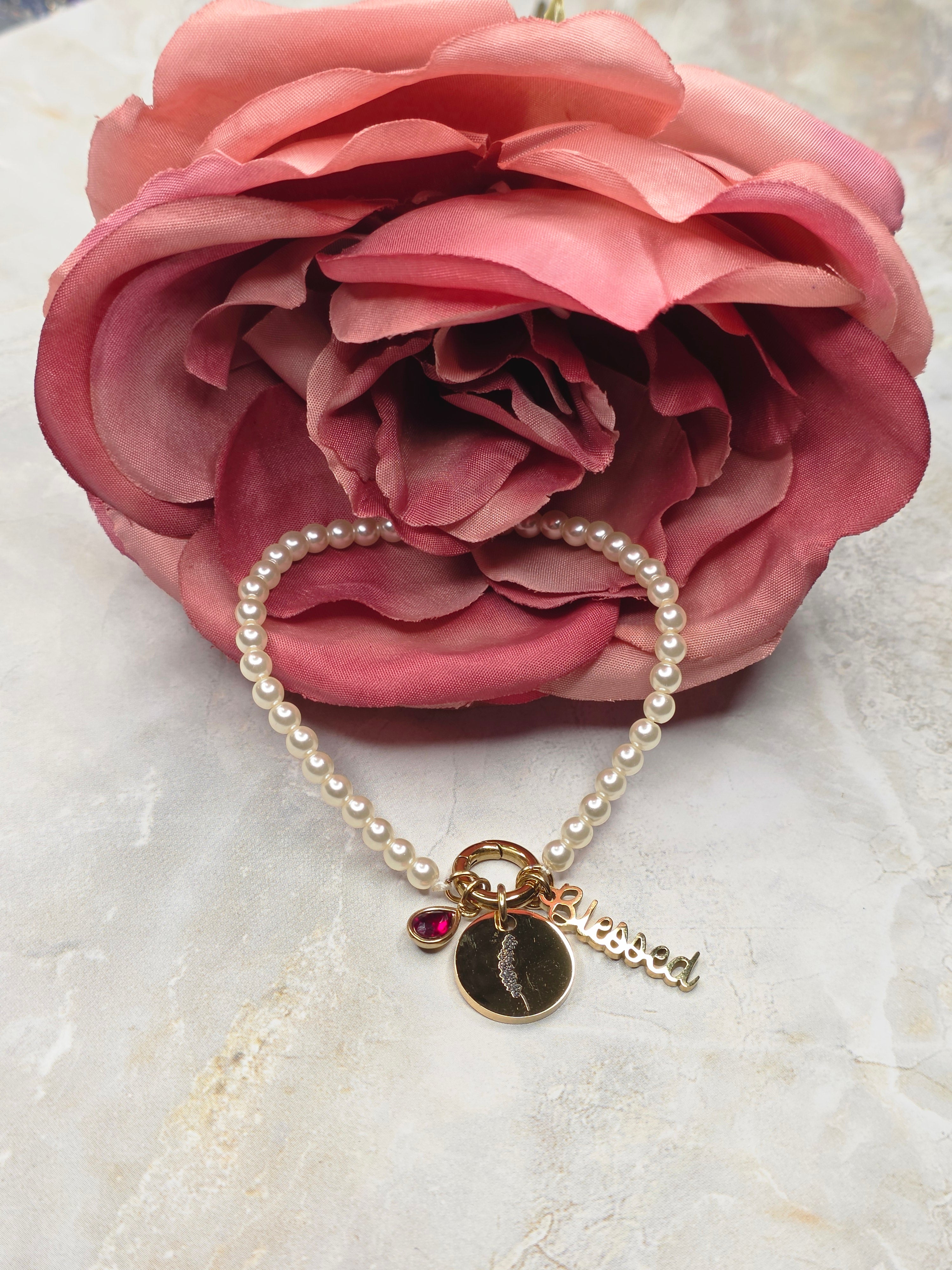 July Birthstone Charm Bracelet — Ruby, Birth Flower & Blessed Charm