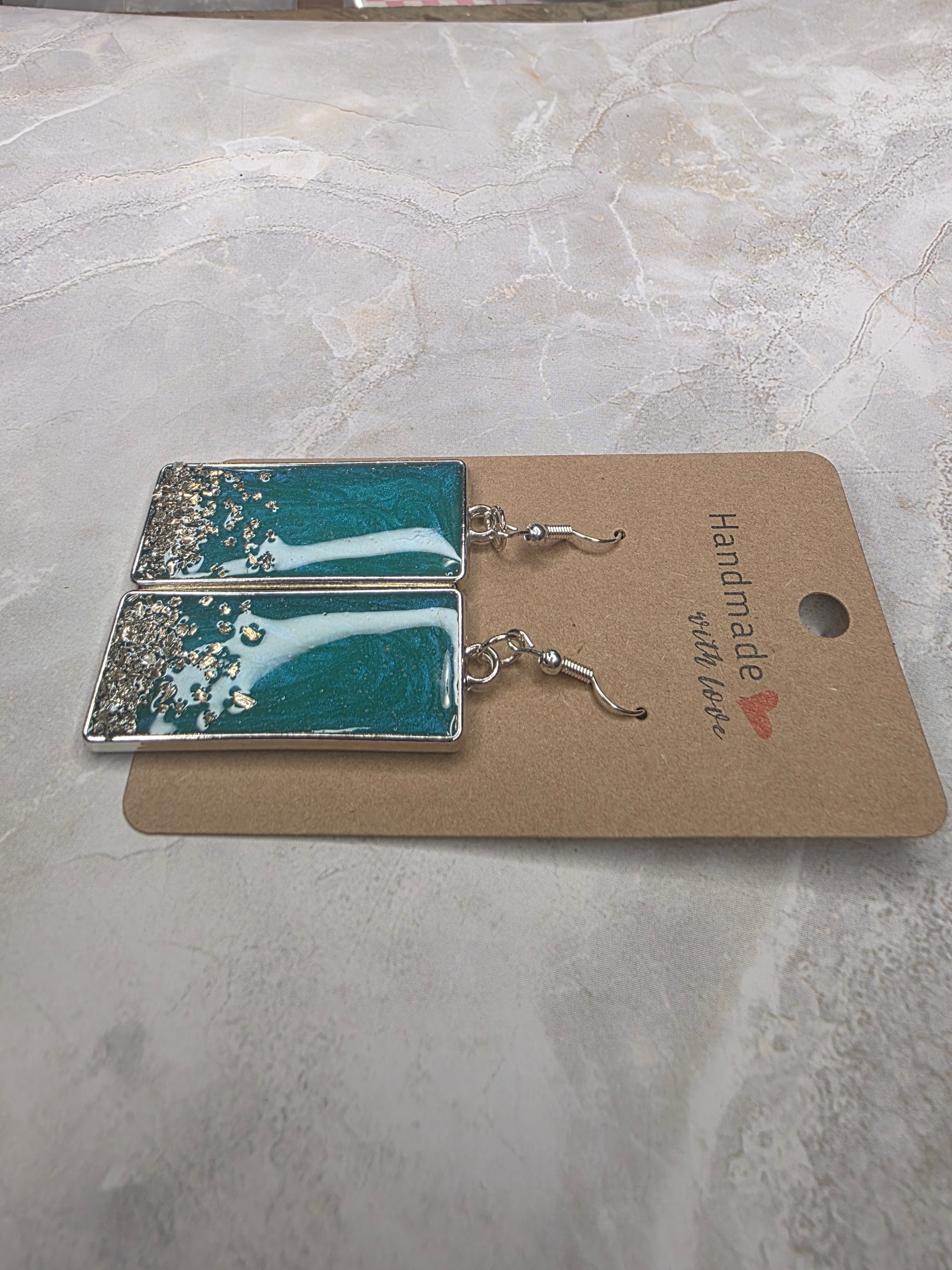 Teal & Silver Accent Resin Rectangle Earrings