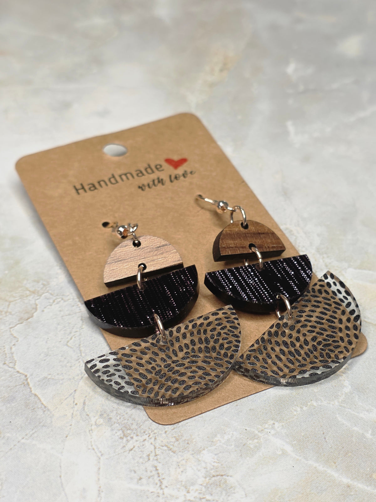 Triple Half-Moon Wood & Acrylic Dangle Earrings