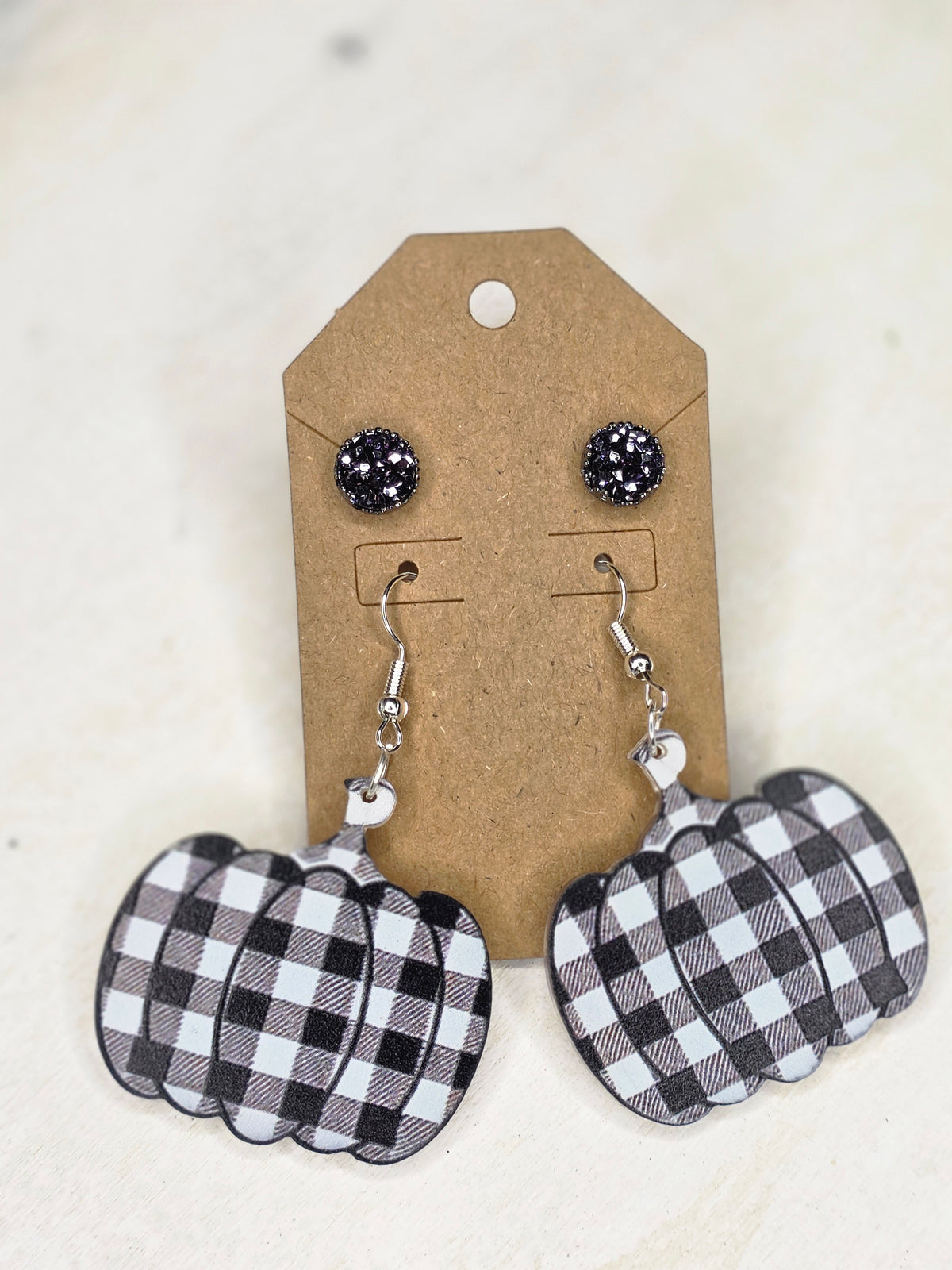 Black & White Plaid Pumpkin Earrings and Black Sparkle Stud Set