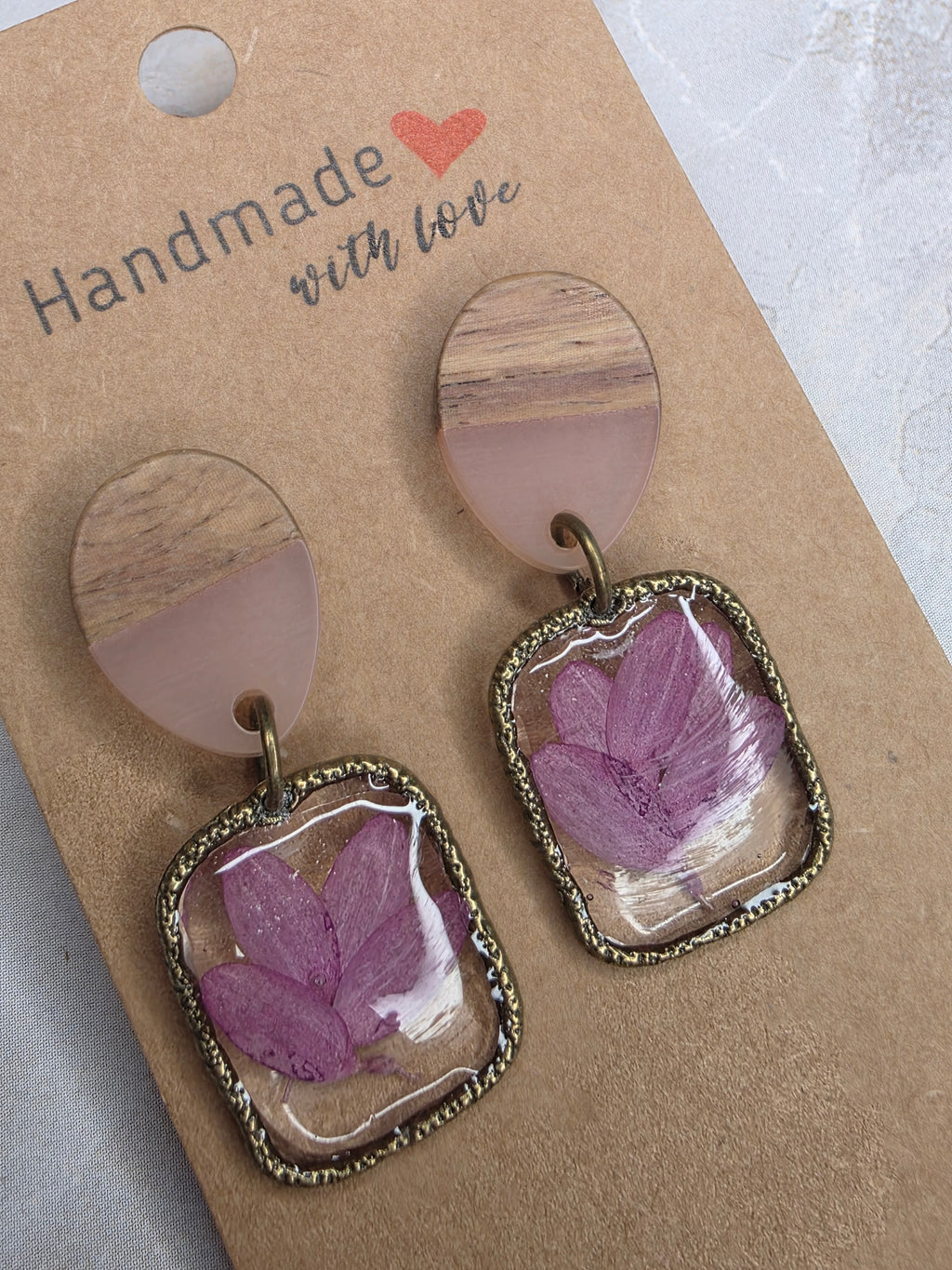 Purple Pressed Flower & Wood Dangle Earrings