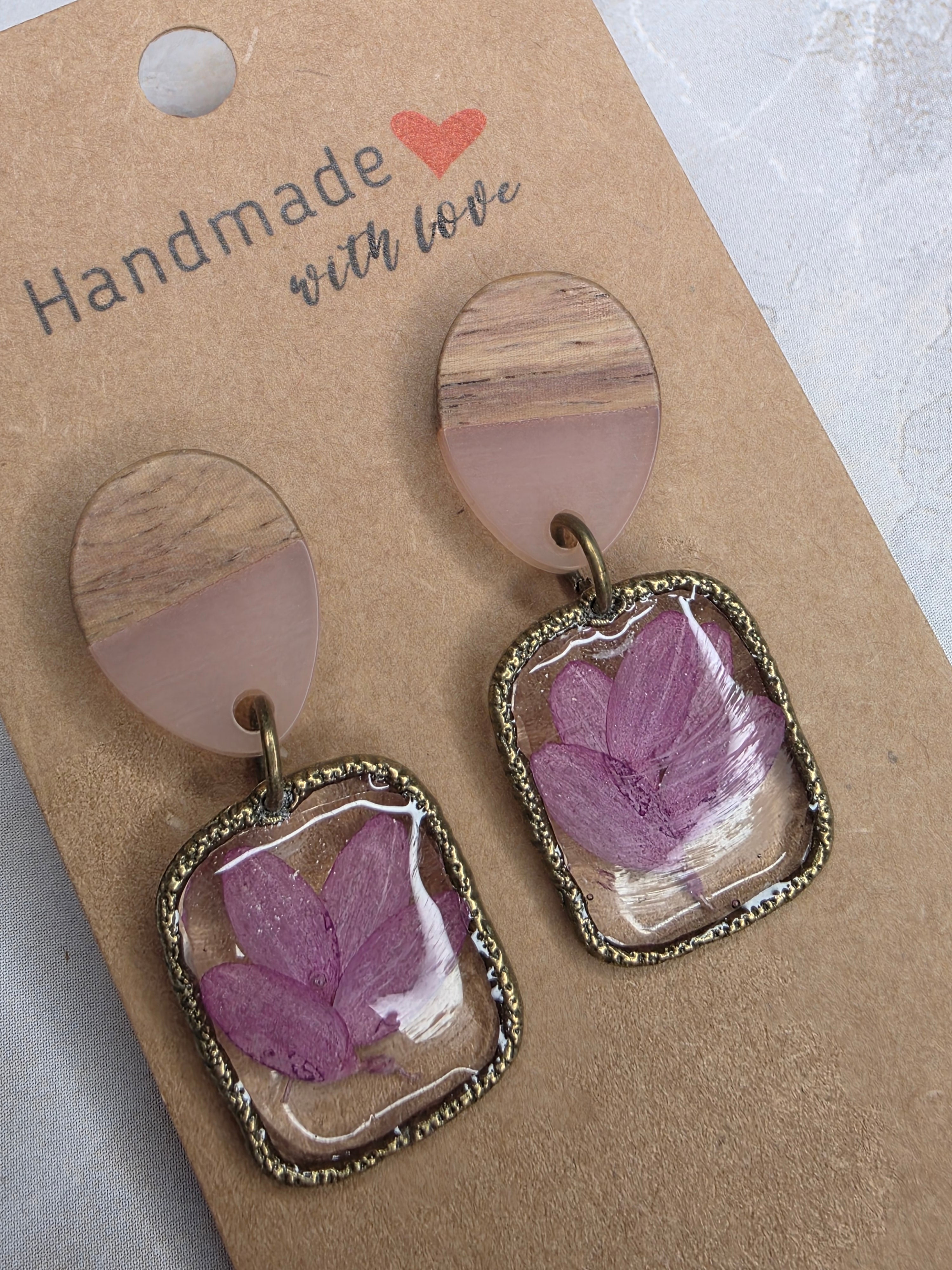Purple Pressed Flower & Wood Dangle Earrings