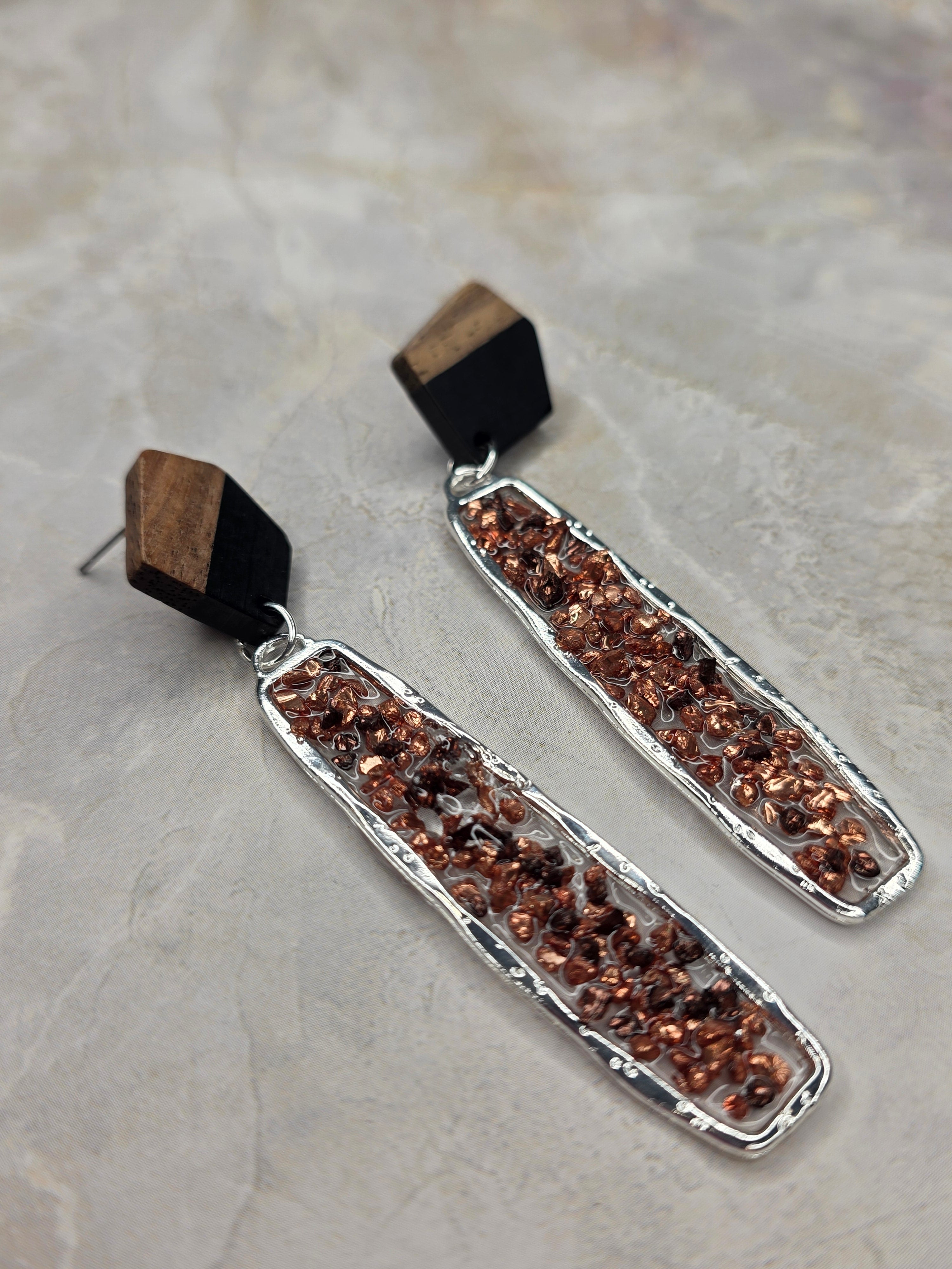 Wood & Copper Chip Resin Dangle Earrings