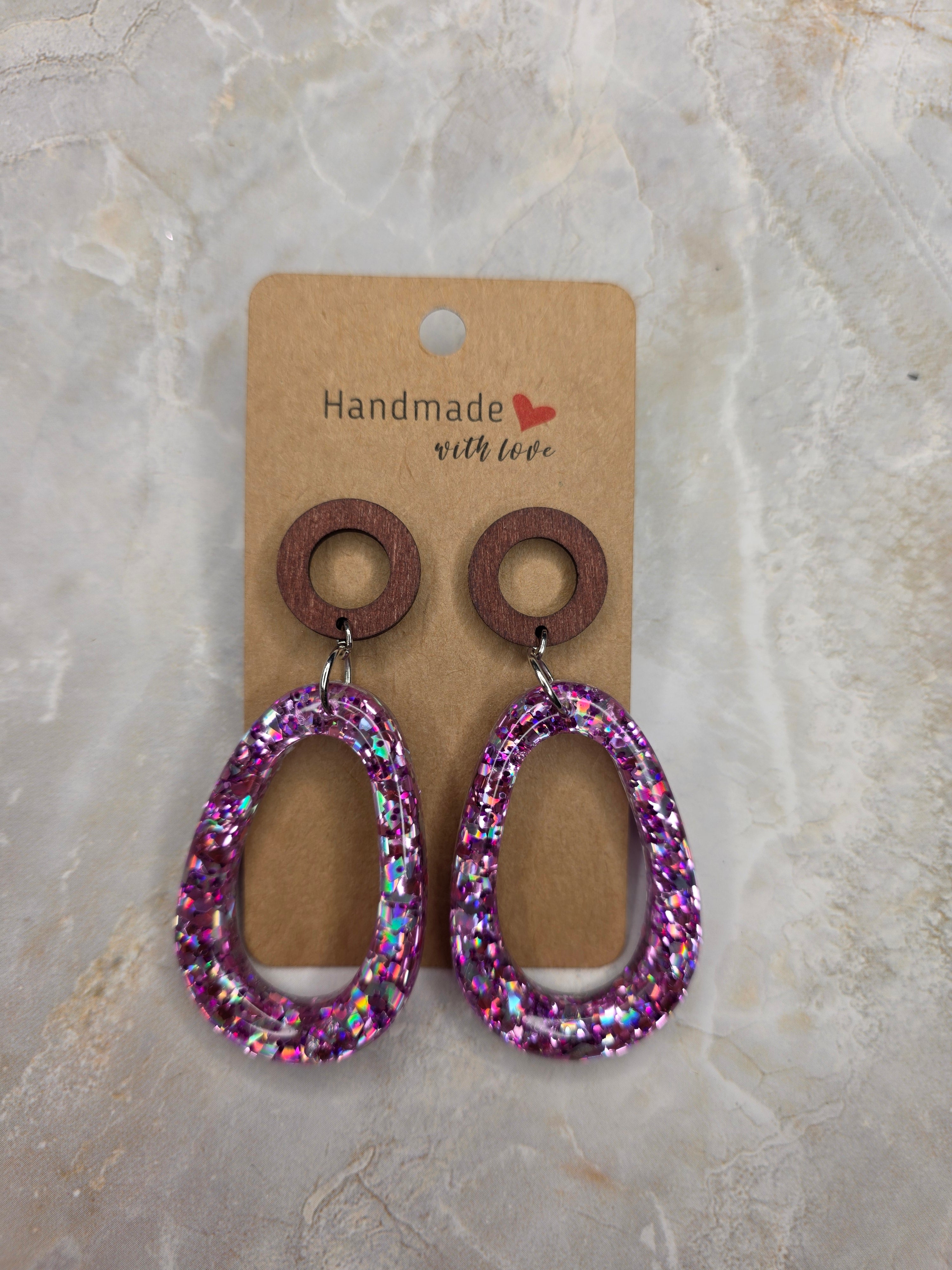 Purple Holographic Wood & Resin Drop Earrings