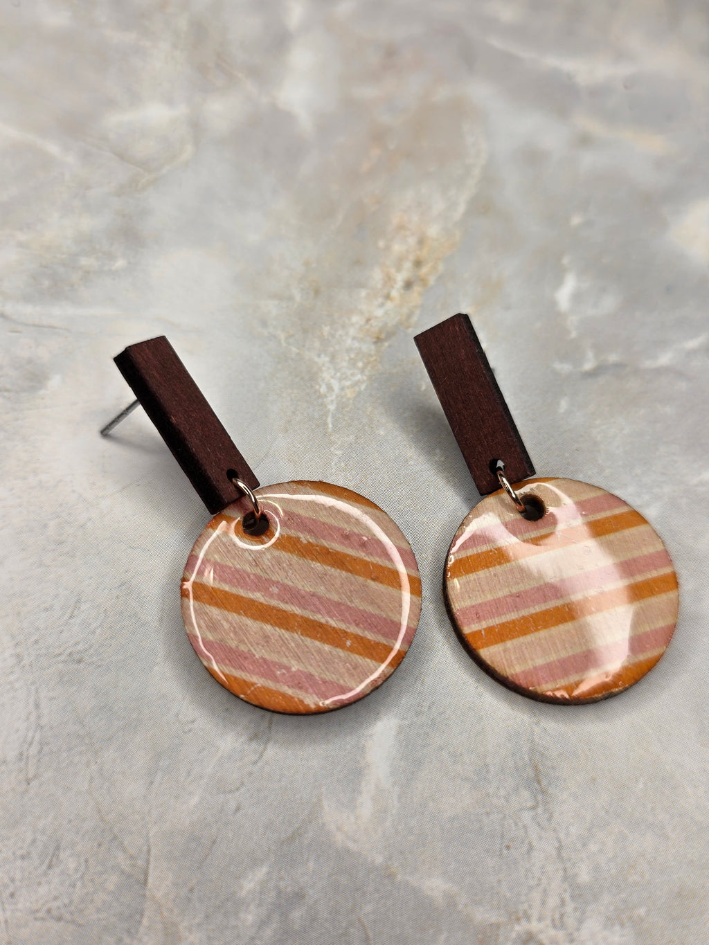 Terracotta Stripe Resin & Wood Bar Drop Earrings