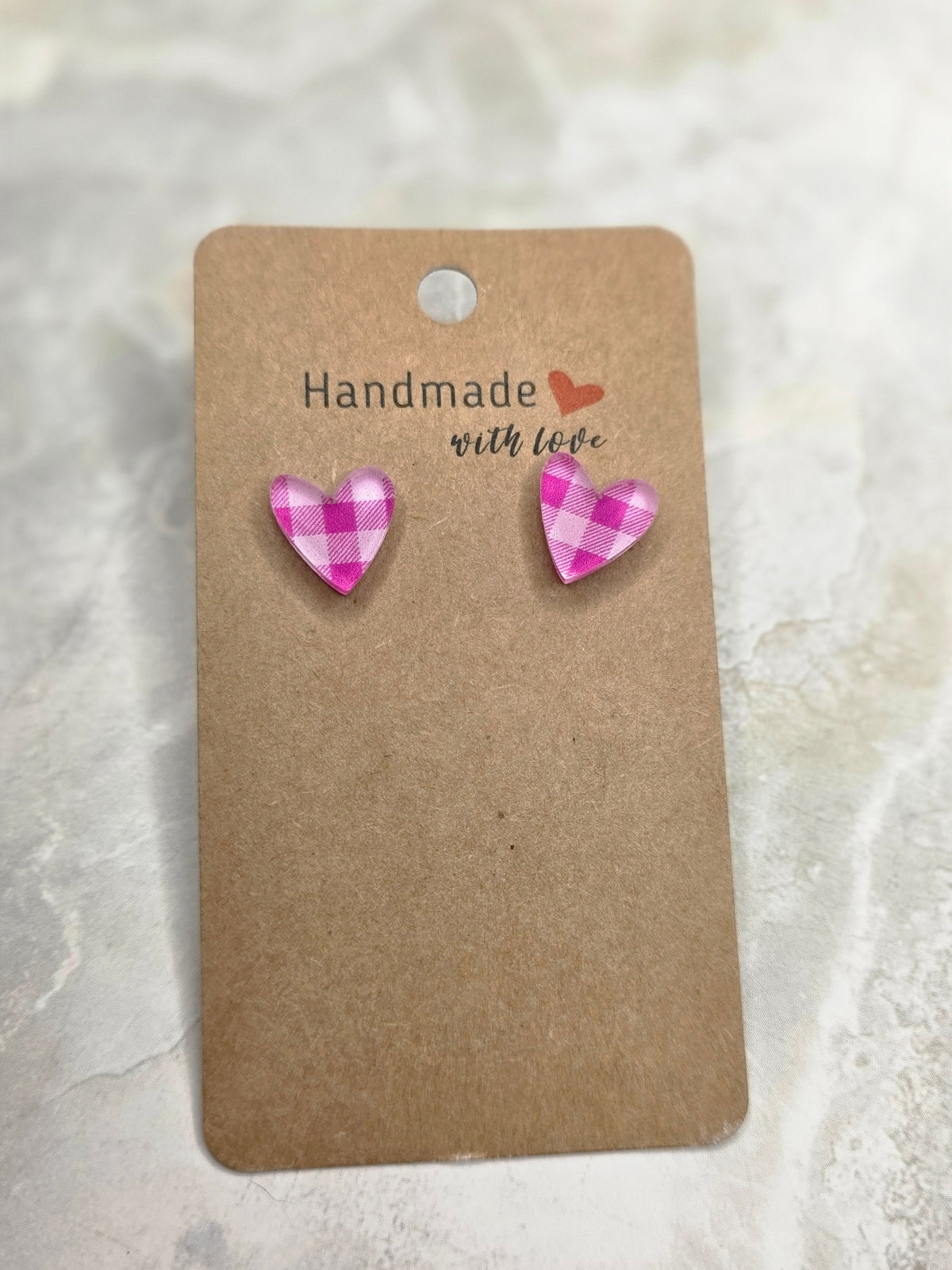 Pink Buffalo Plaid Heart Stud Earrings
