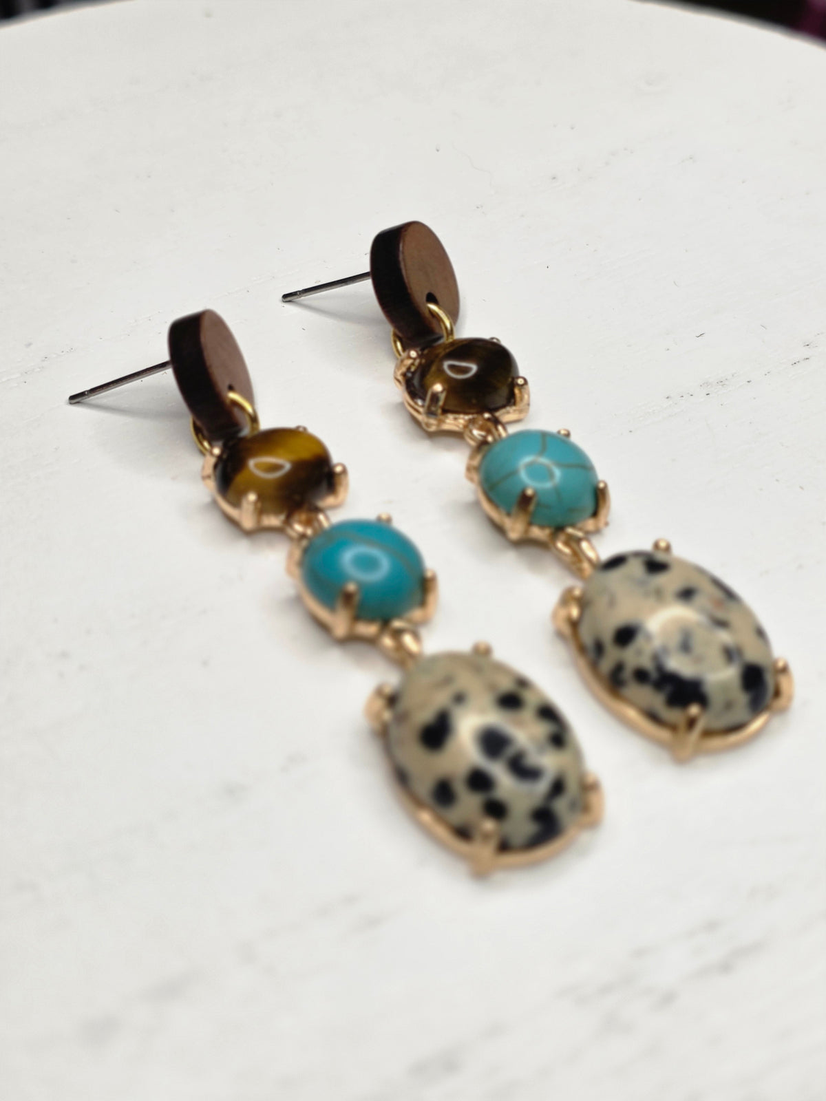 Tiger Eye, Turquoise & Dalmatian Jasper Triple Drop Earrings