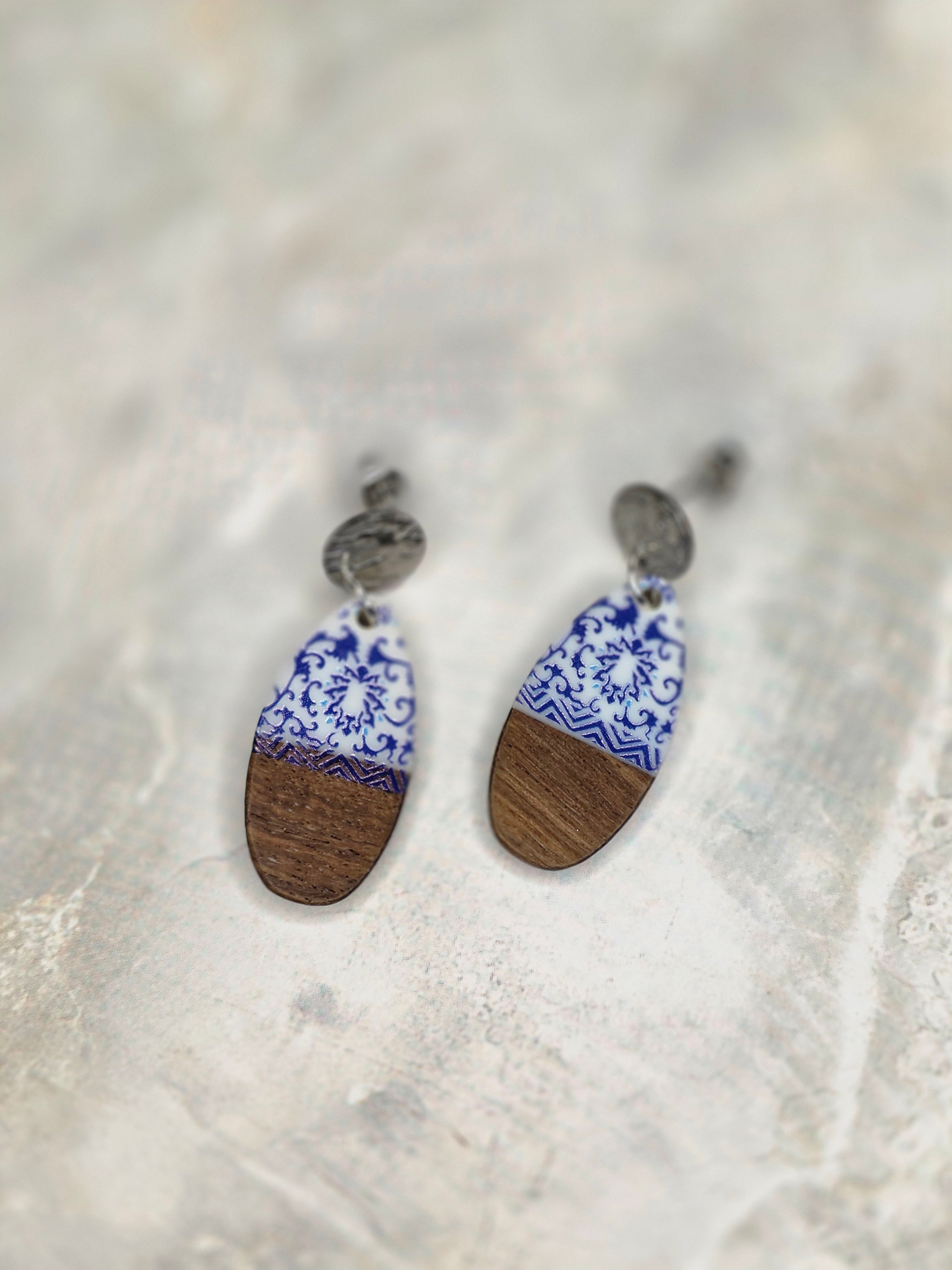 Blue Floral Wood & Resin Oval Drop Earrings