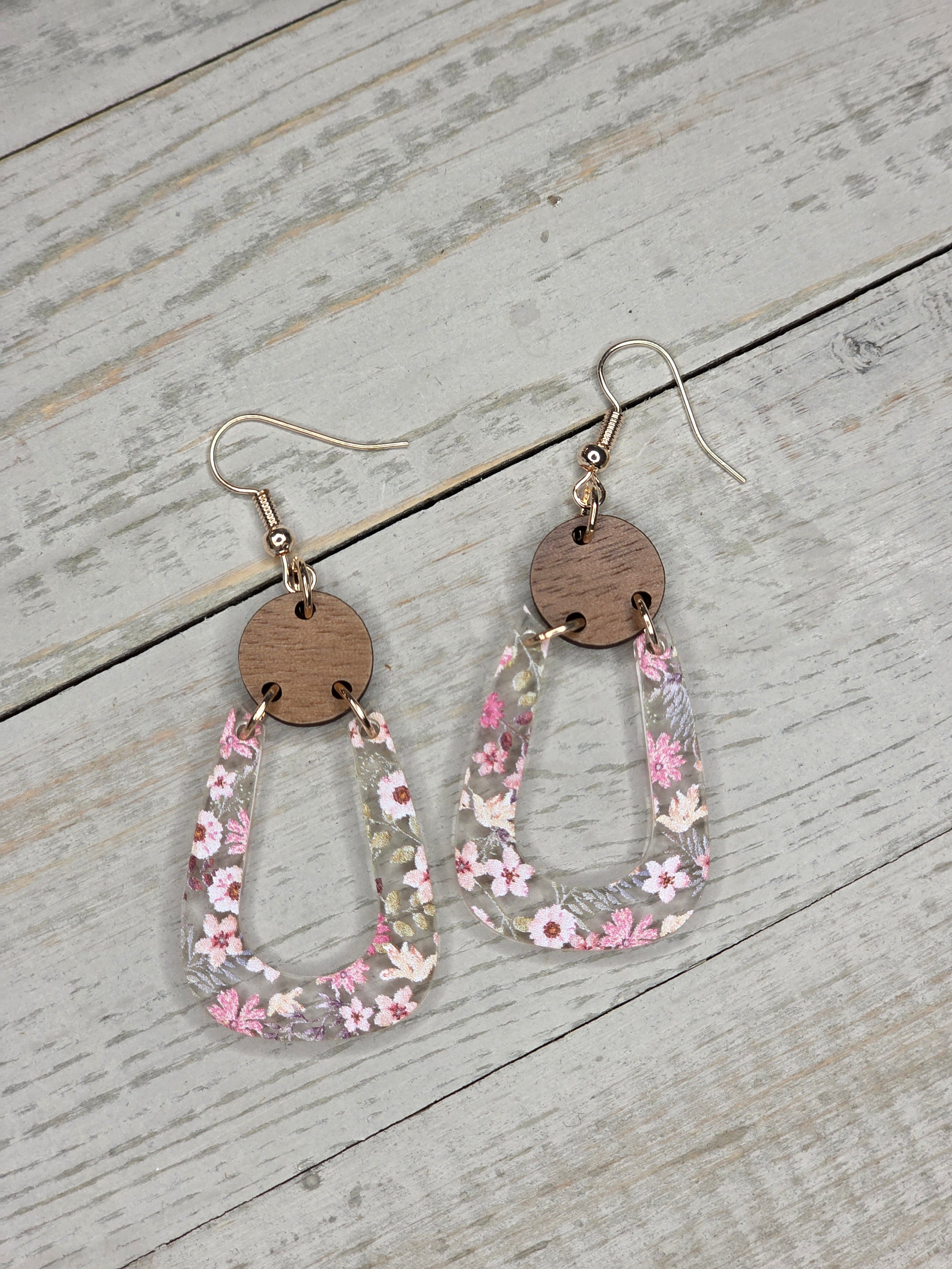 Pink Floral Acrylic & Wood Dangle Earrings