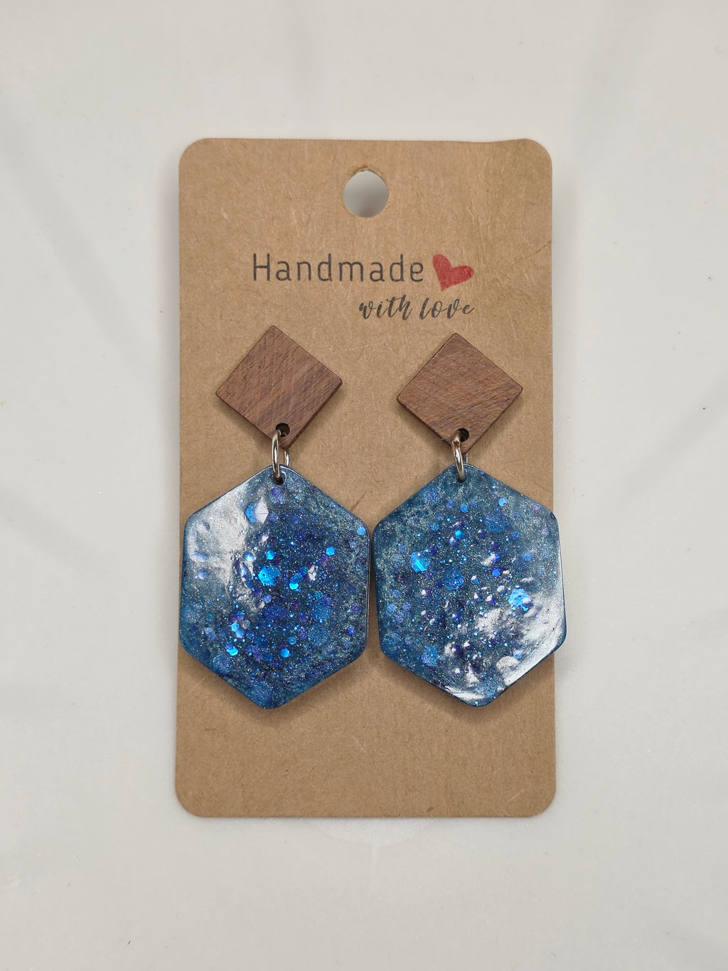 Blue Glitter Resin & Wood Hexagon Drop Earrings