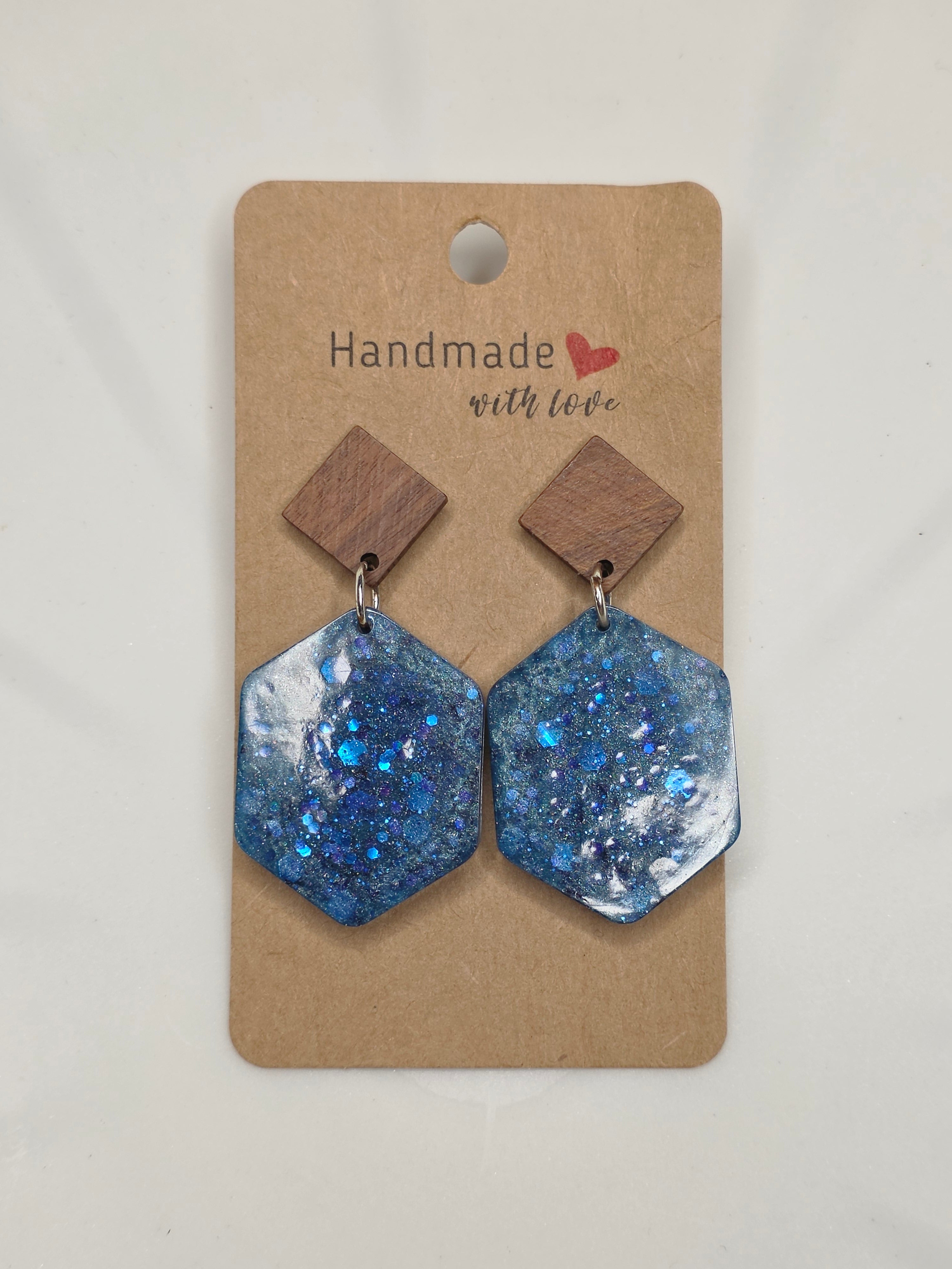 Blue Glitter Resin & Wood Hexagon Drop Earrings