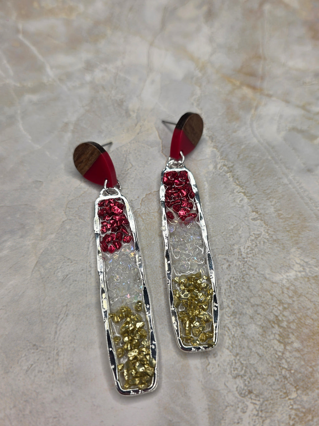 Wood & Red Gold Chip Resin Earrings