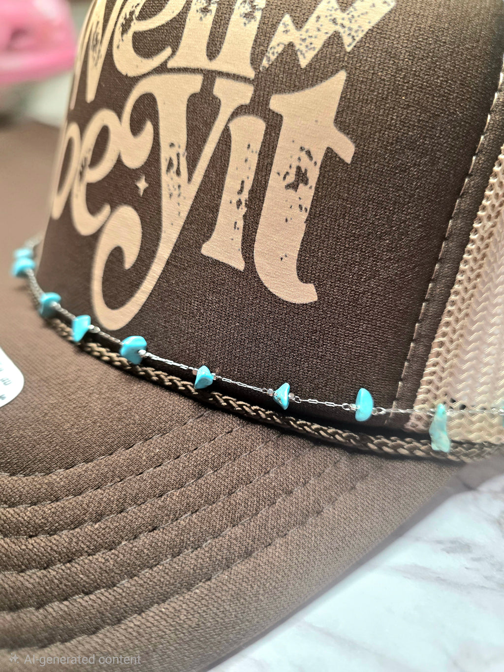 Close-up of a brown trucker hat with a beige graphic print on the front panel and a decorative beaded rope running around the brim.