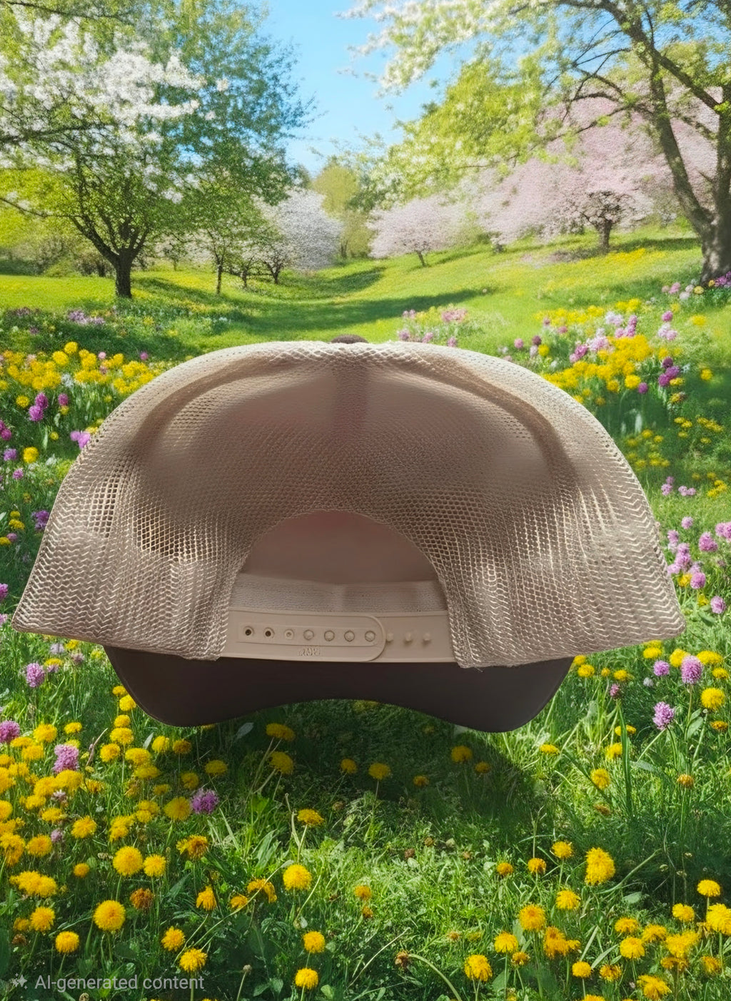 A beige mesh-back trucker cap with a dark brown visor, shown from the back, set against a vibrant, digitally composited background of a green meadow filled with yellow and pink wildflowers and blooming trees.