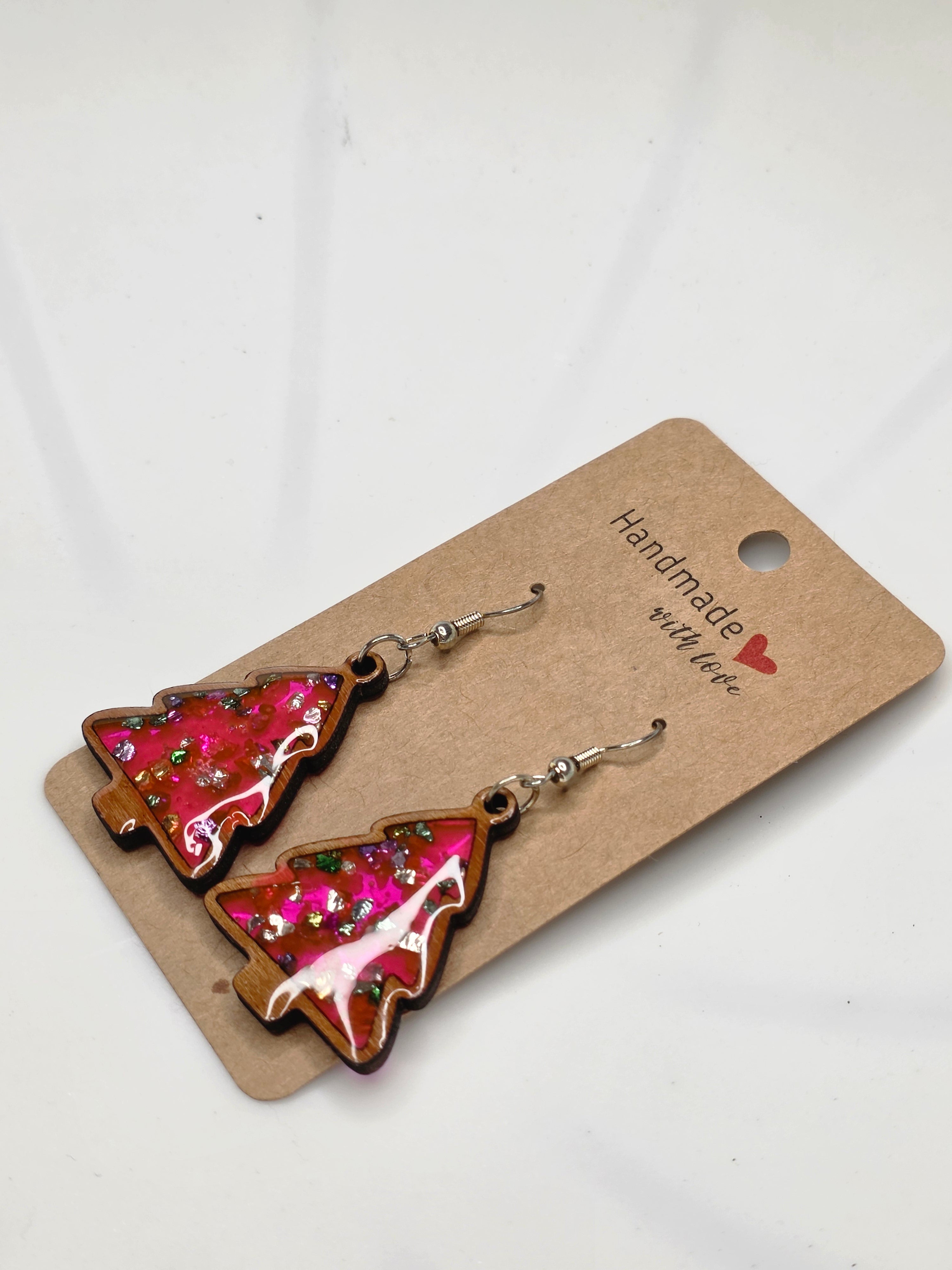 Pink Glitter Resin & Wood Christmas Tree Drop Earrings