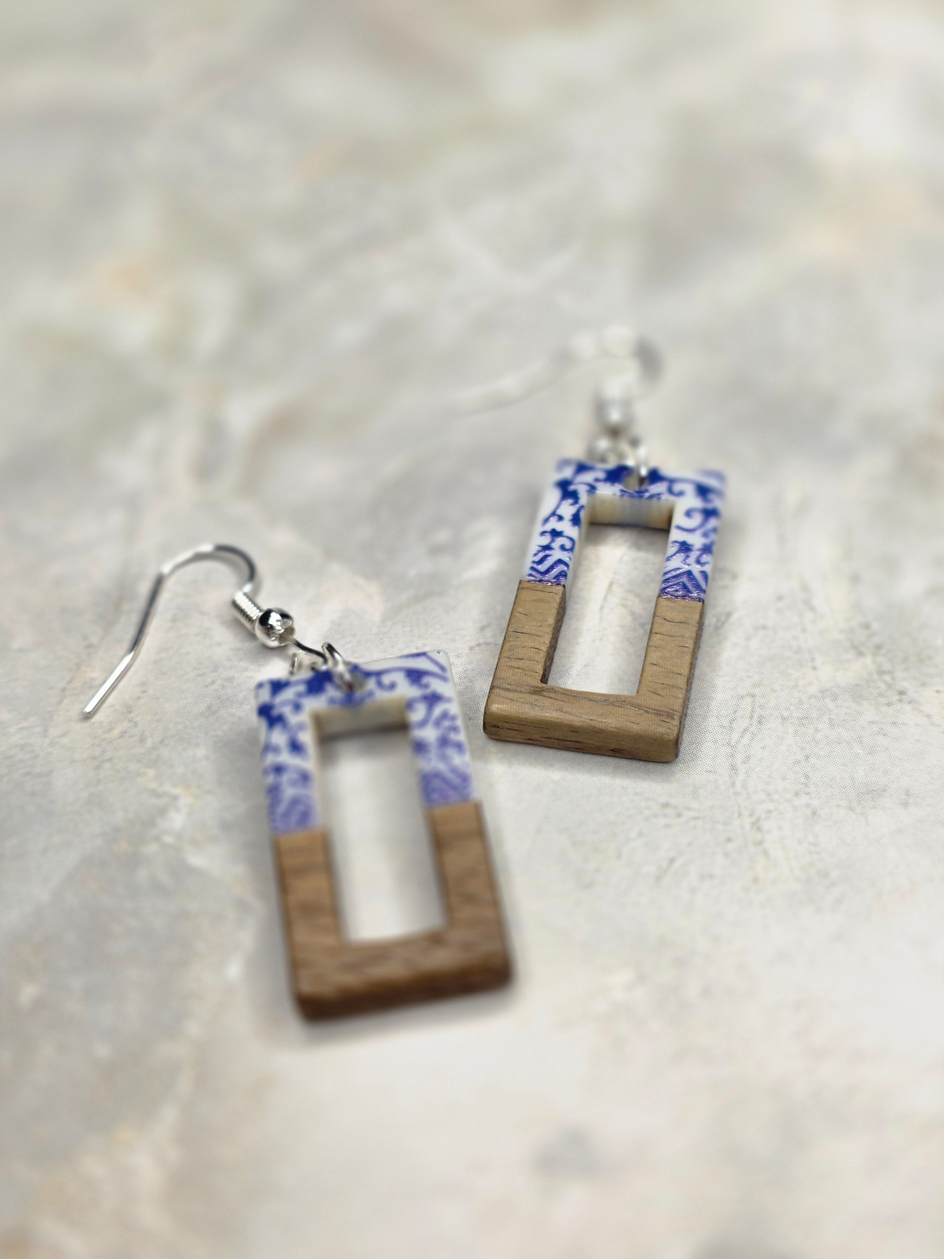 Blue Floral Wood & Resin Open Rectangle Earrings