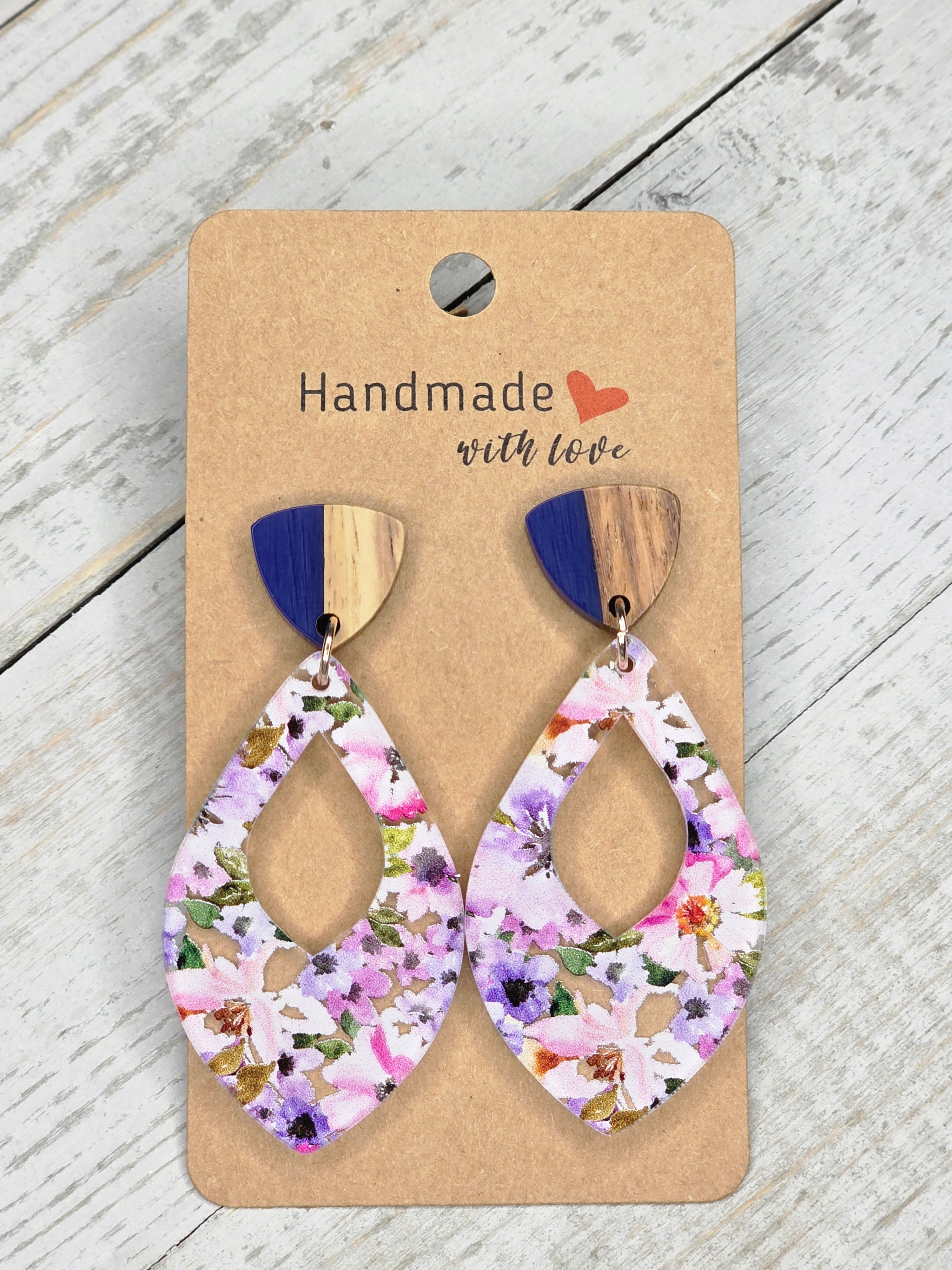 Garden Floral Acrylic & Wood Dangle Earrings