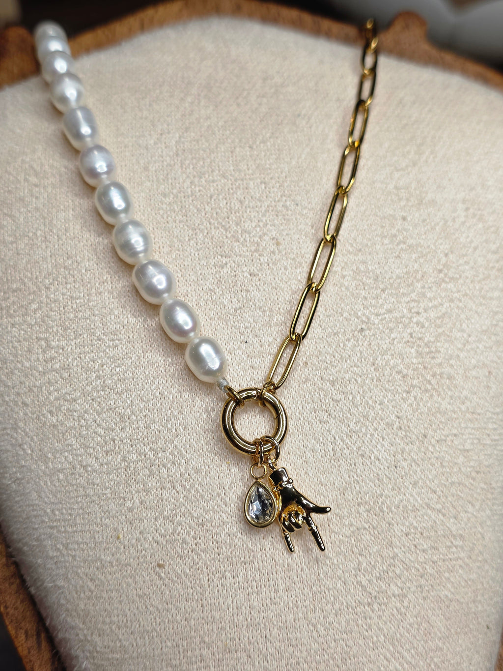 I Love You Half Pearl & Gold Paperclip Chain Necklace