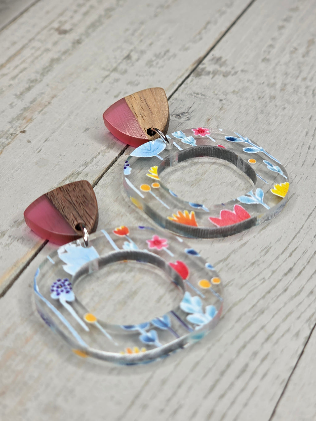 Floral Acrylic & Wood Hoop Earrings