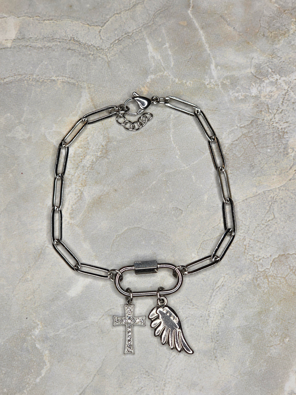 Crystal Cross & Angel Wing Charm Bracelet