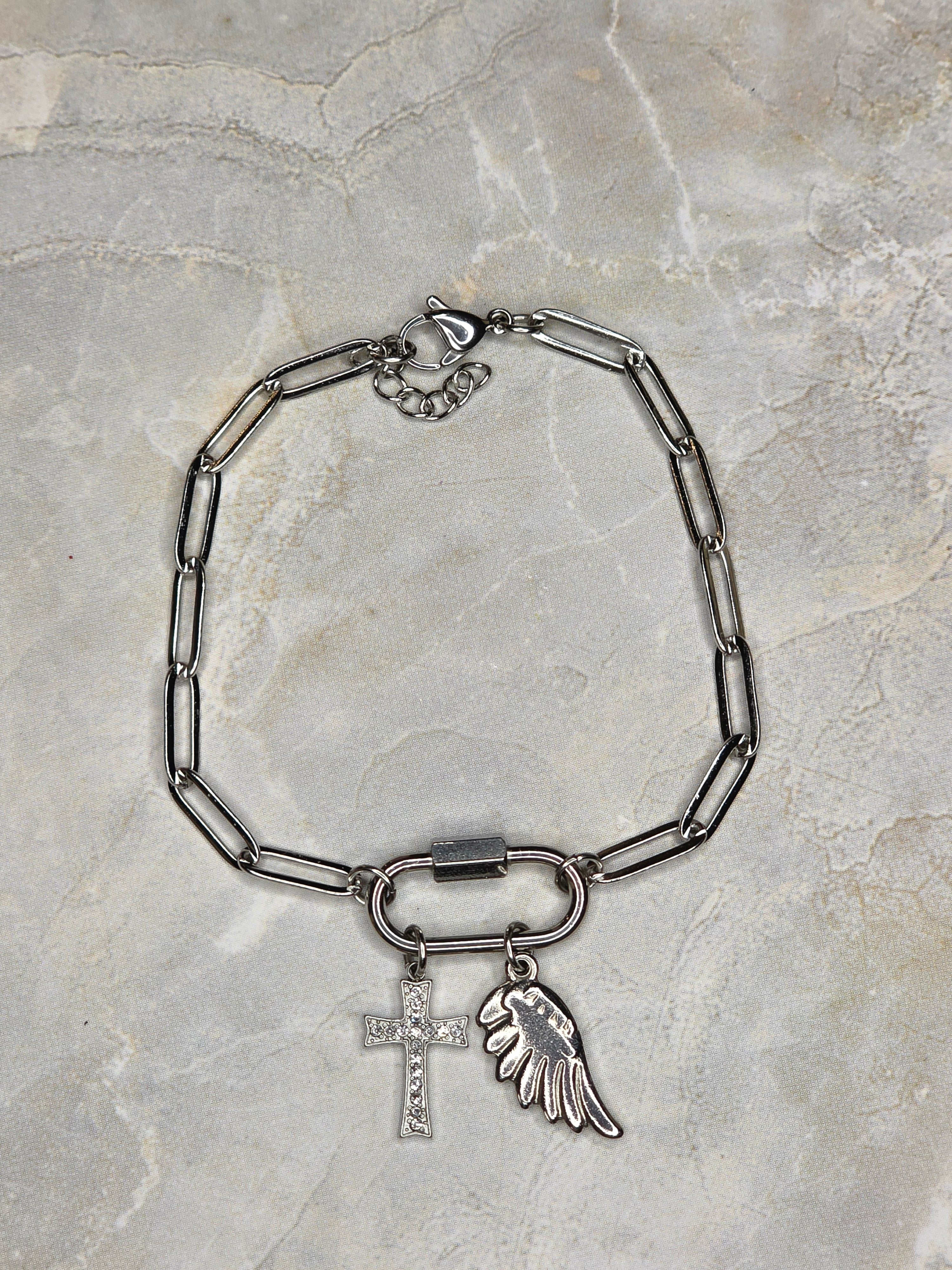 Crystal Cross & Angel Wing Charm Bracelet