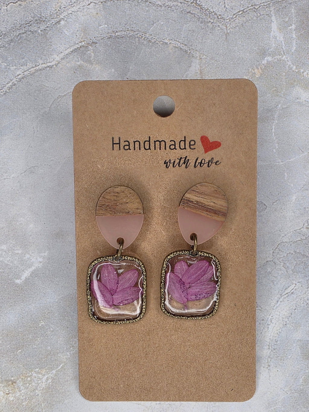 Purple Pressed Flower & Wood Dangle Earrings