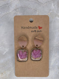 Purple Pressed Flower & Wood Dangle Earrings