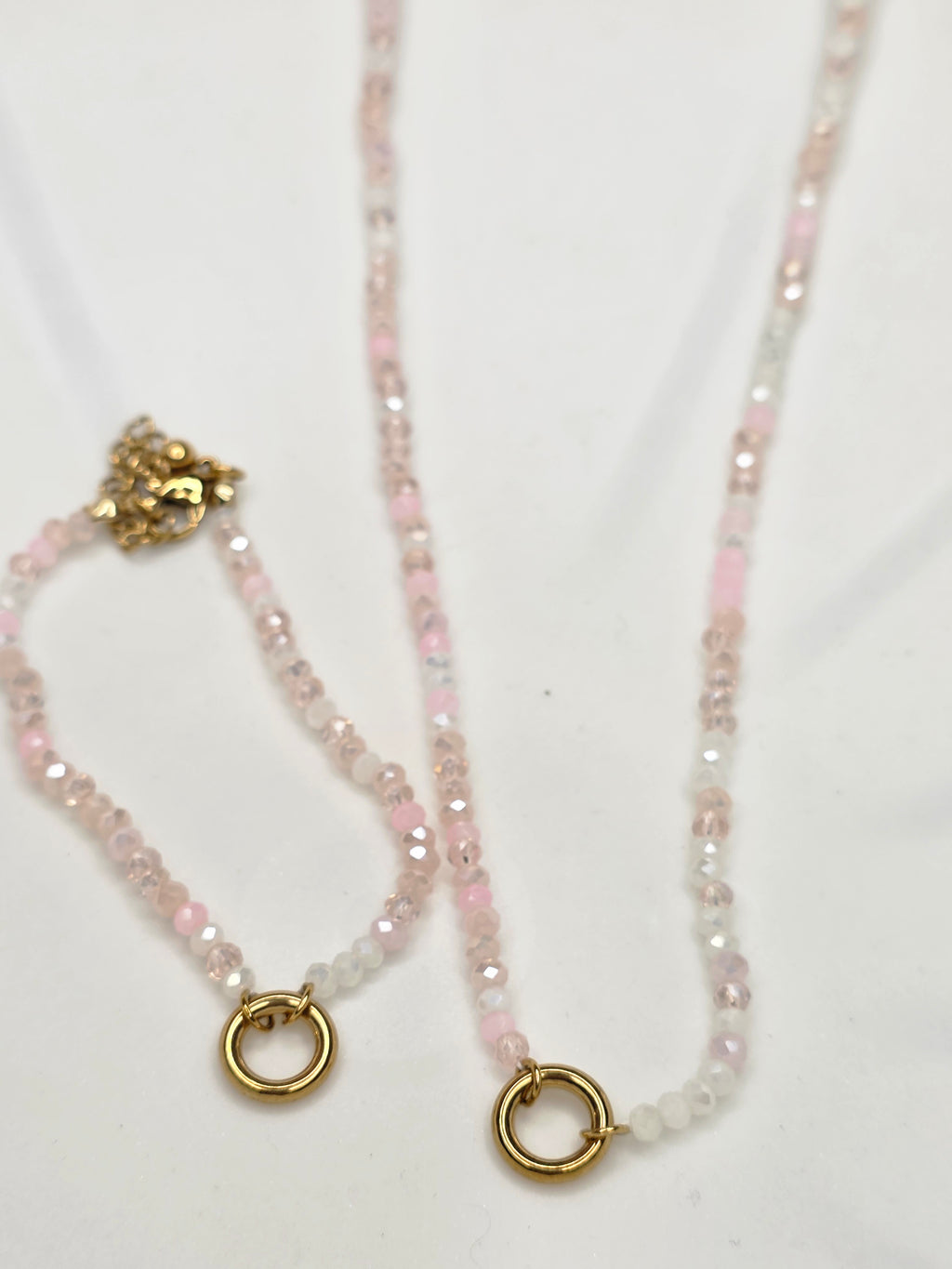 Pink Beaded Charm Necklace and Bracelet Set