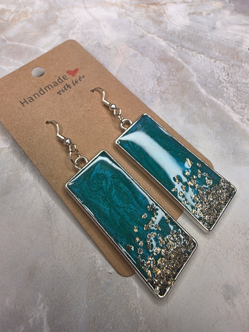 Teal & Silver Accent Resin Rectangle Earrings