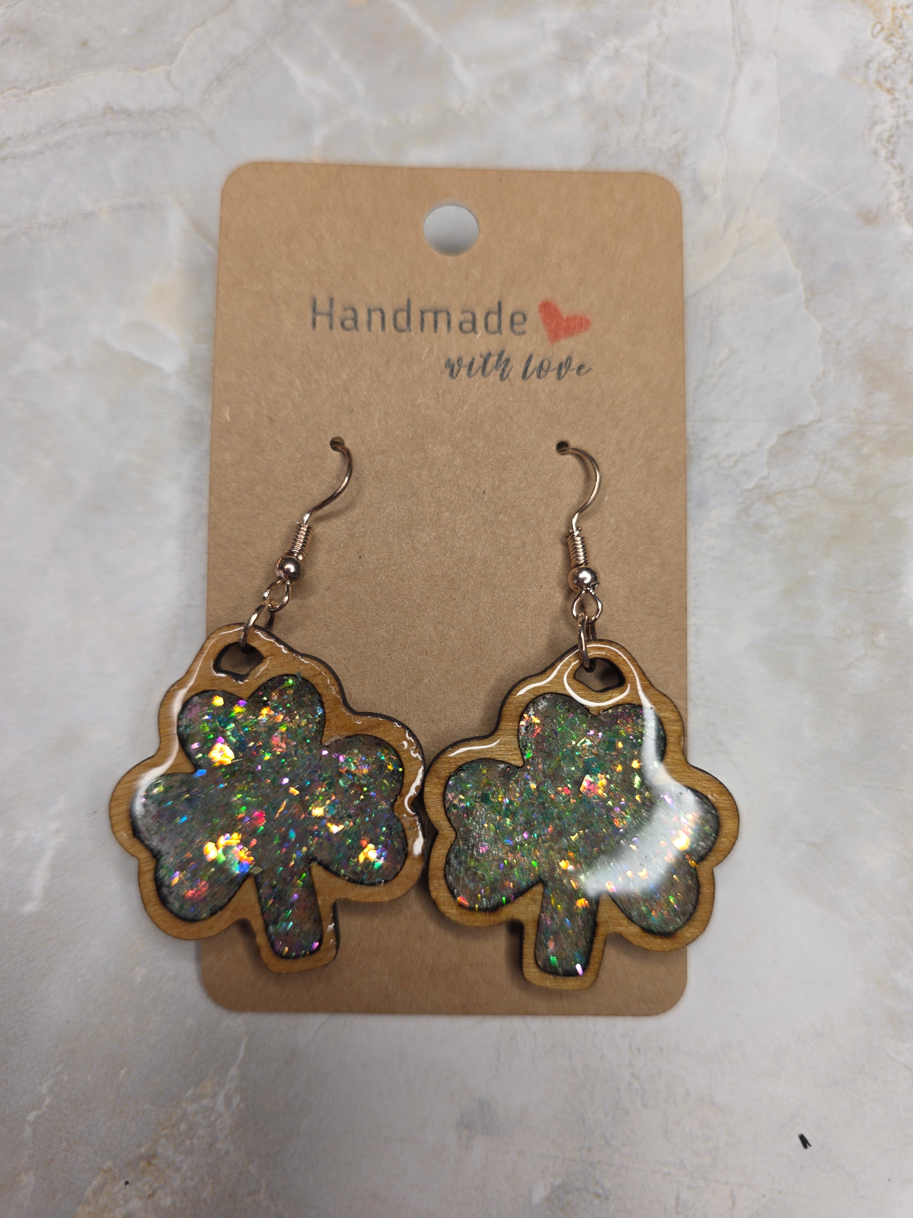 Shamrock Earrings - Holographic Resin & Wood