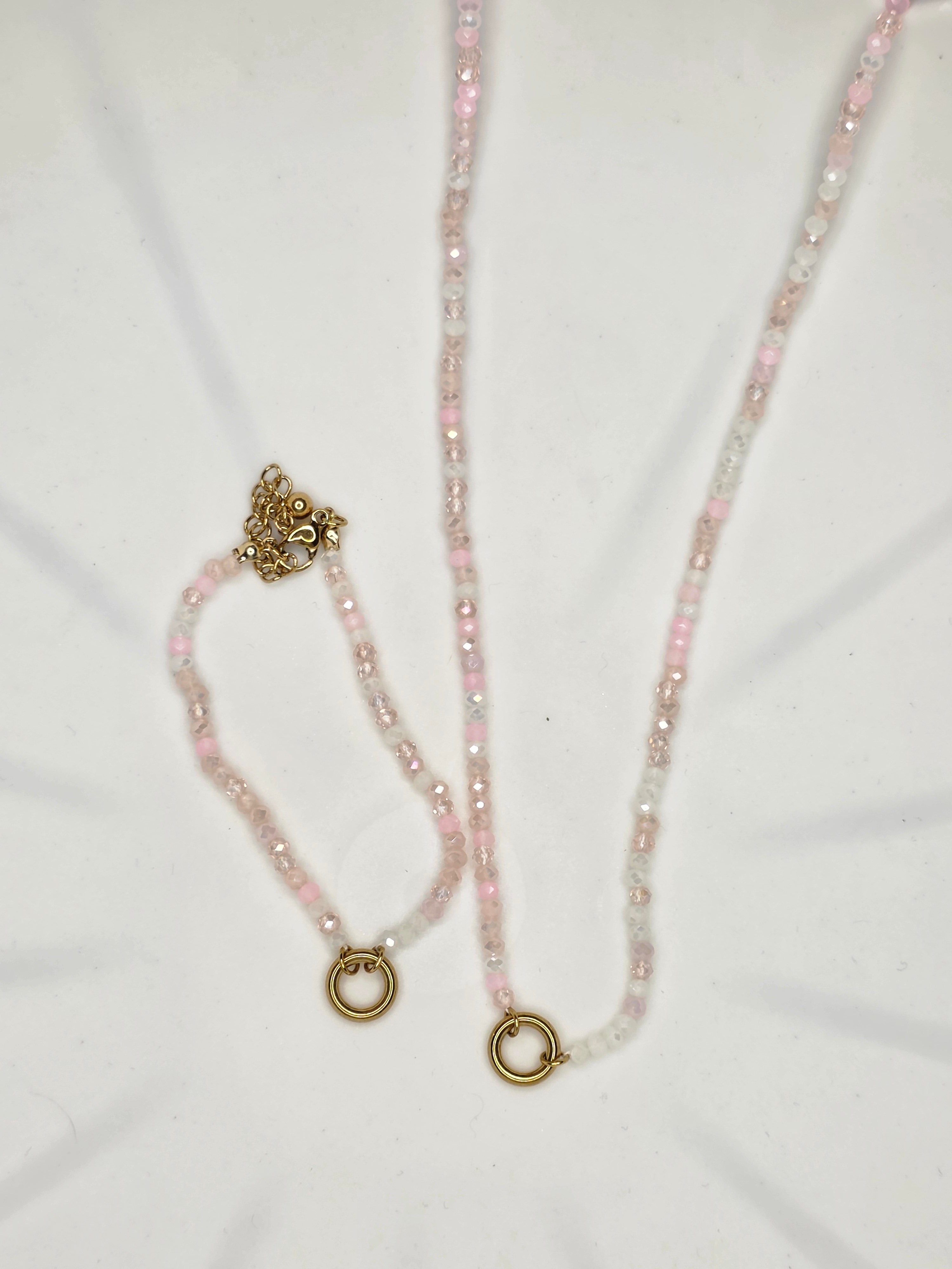 Pink Beaded Charm Necklace and Bracelet Set