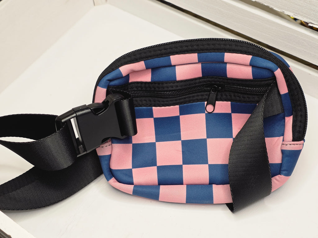 Pink & Blue Checkered Charm Crossbody Bag