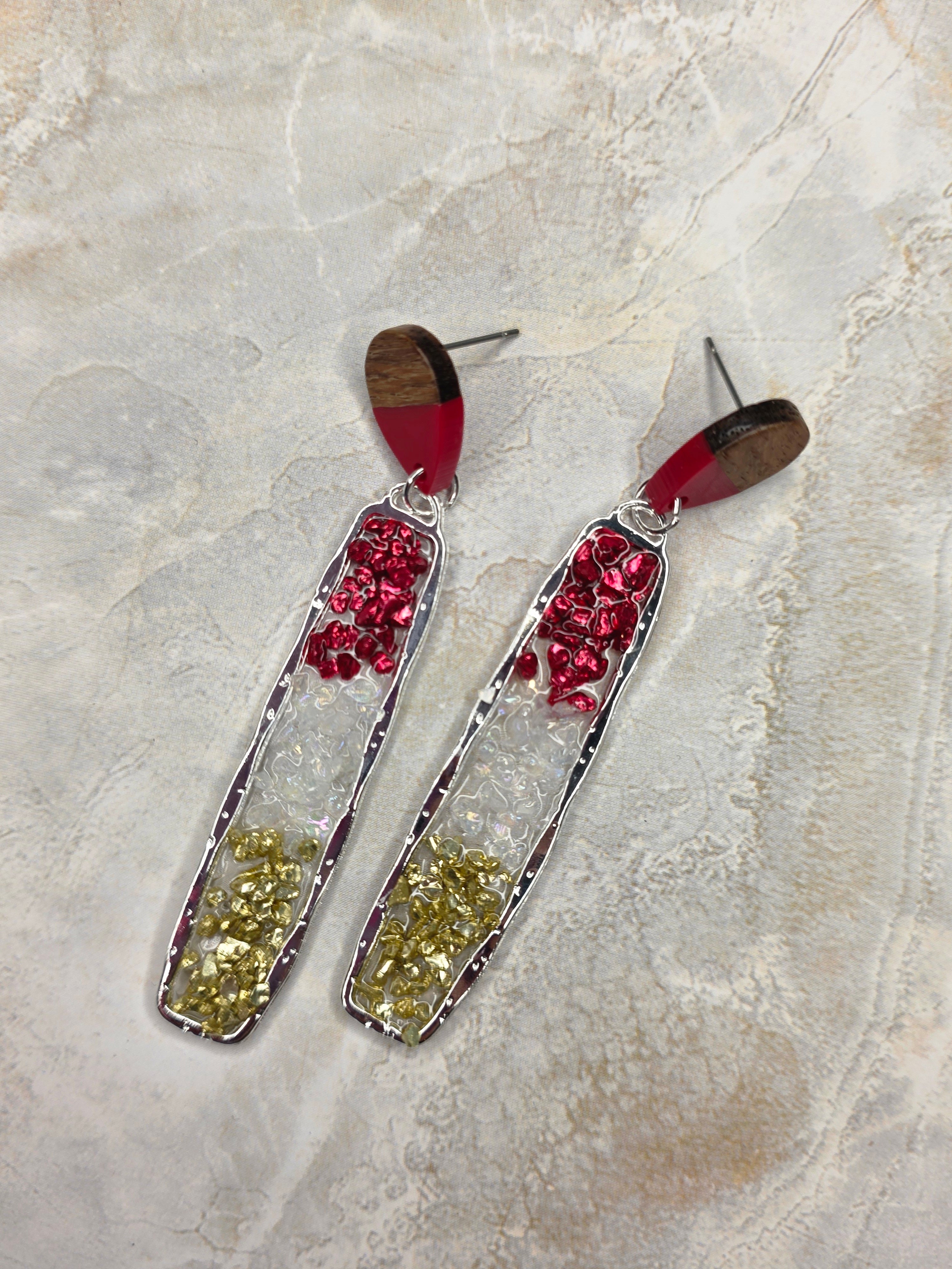 Wood & Red Gold Chip Resin Earrings