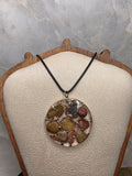 Earthy Tumbled Stone & Copper Glass Round Pendant Necklace