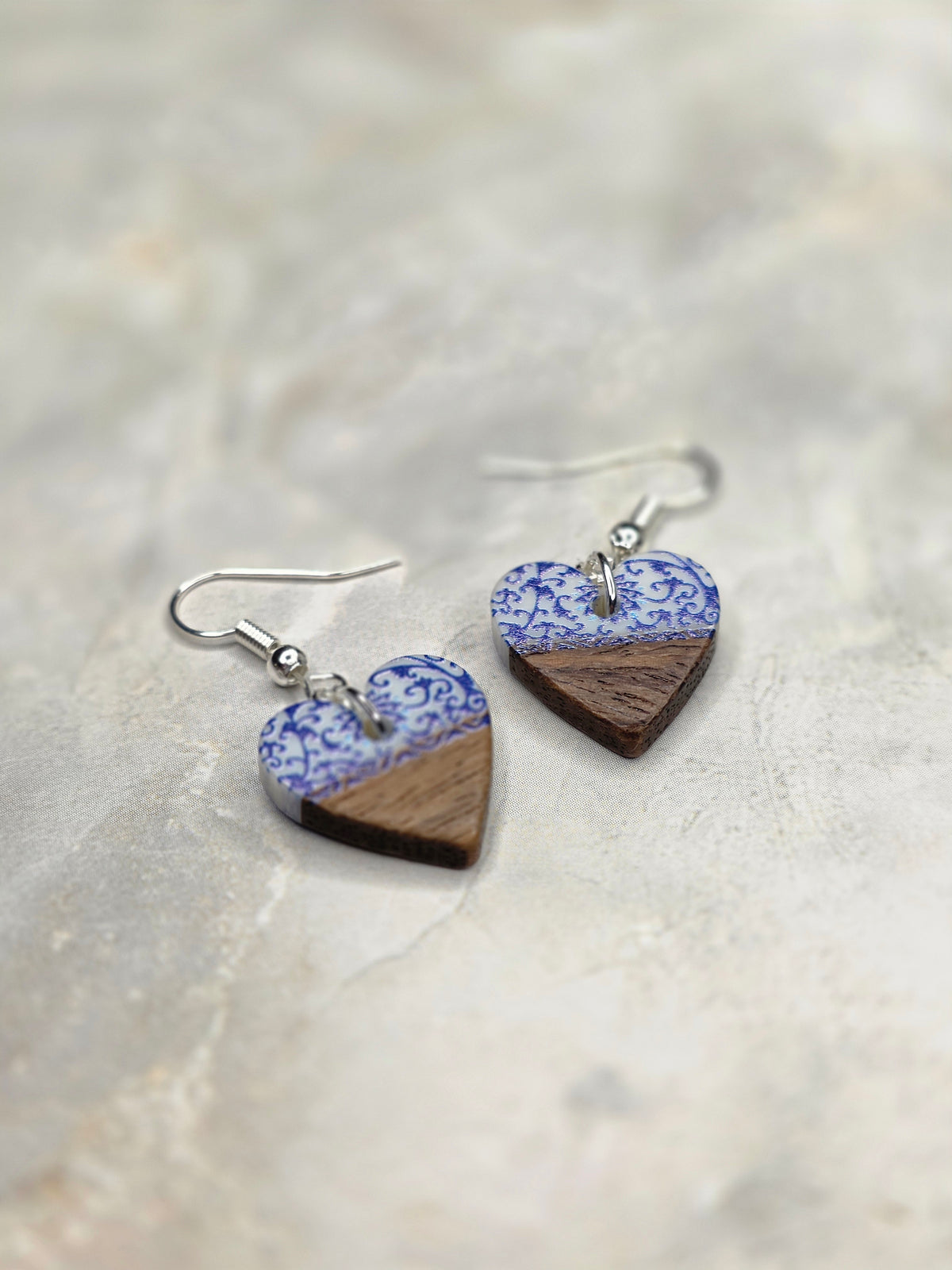 Blue Floral Wood & Resin Heart Earrings