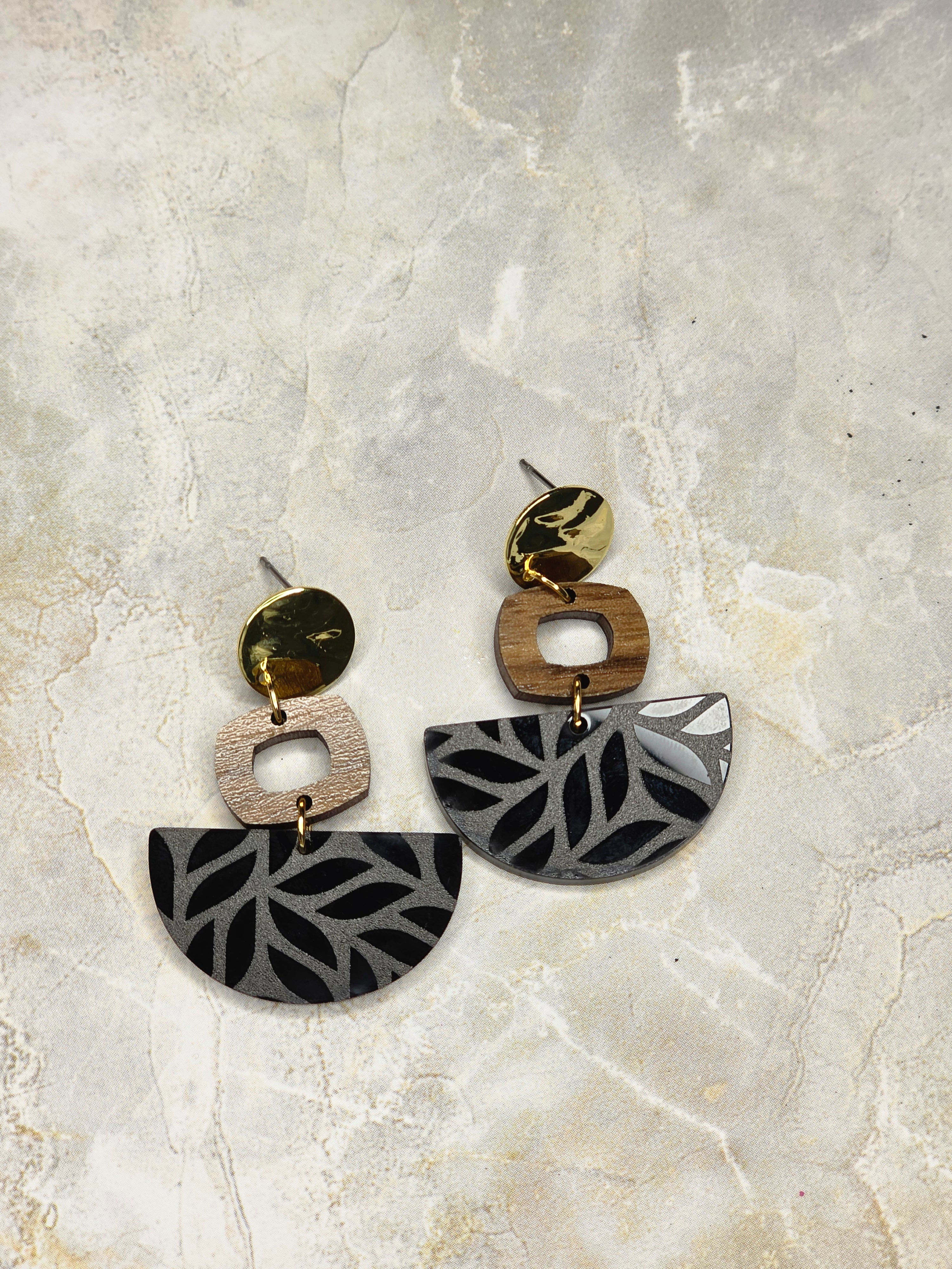 Black Geometric Acrylic & Wood Dangle Earrings