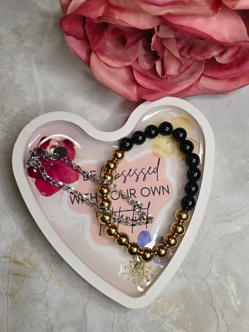 "Be Obsessed With Your Own Potential" Pressed Flower Heart Tray | Eco Resin