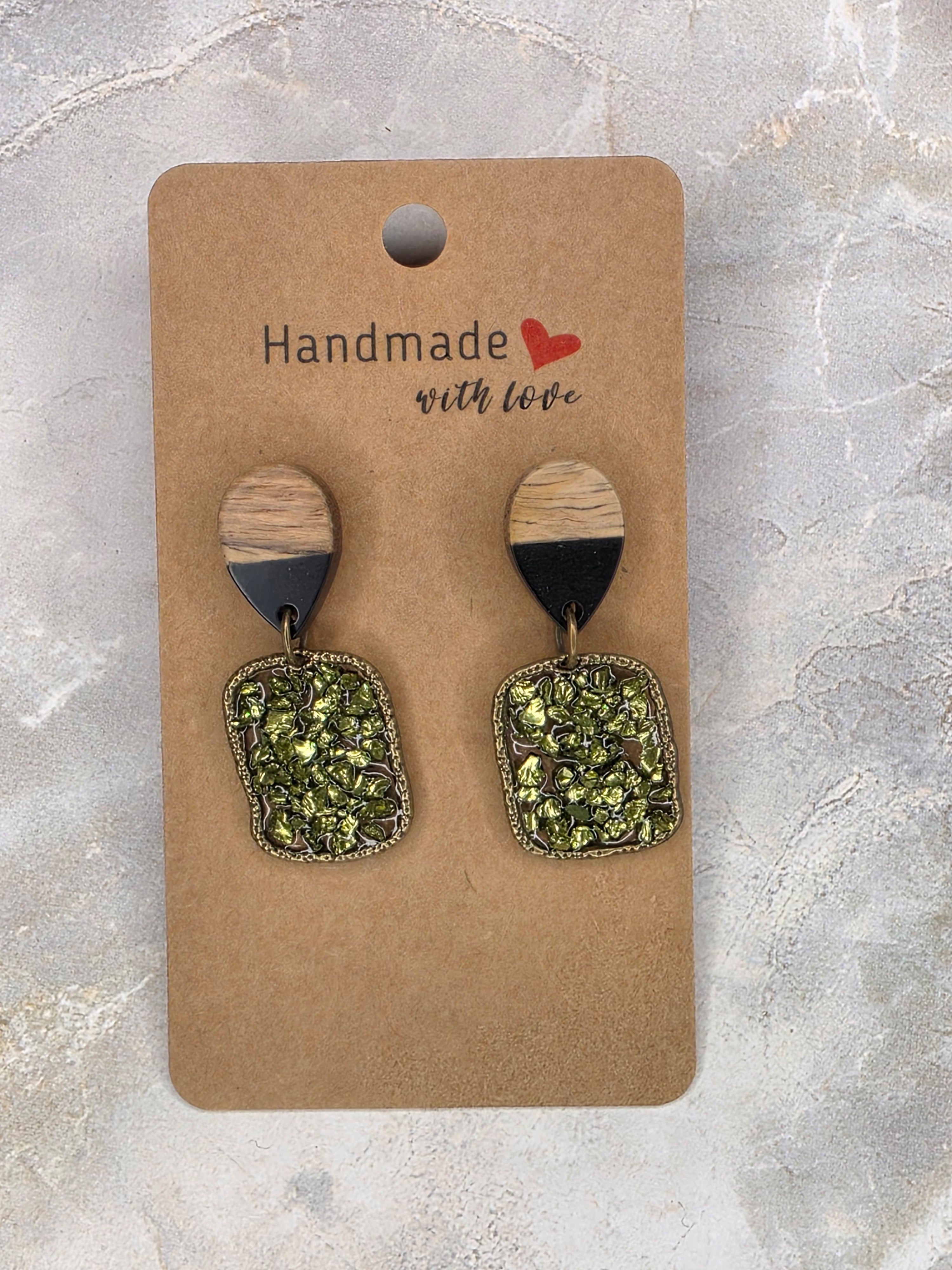 Green Crushed Glass & Wood Resin Drop Earrings