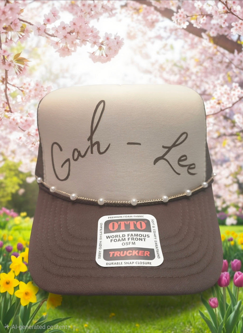 A brown and beige trucker hat with 'Gah - Lee' written on the front in black script, decorated with white pearls across the brim, and a visible Otto Trucker sticker on the brim. The hat is set against a blurred background of pink cherry blossoms and green grass with yellow flowers.