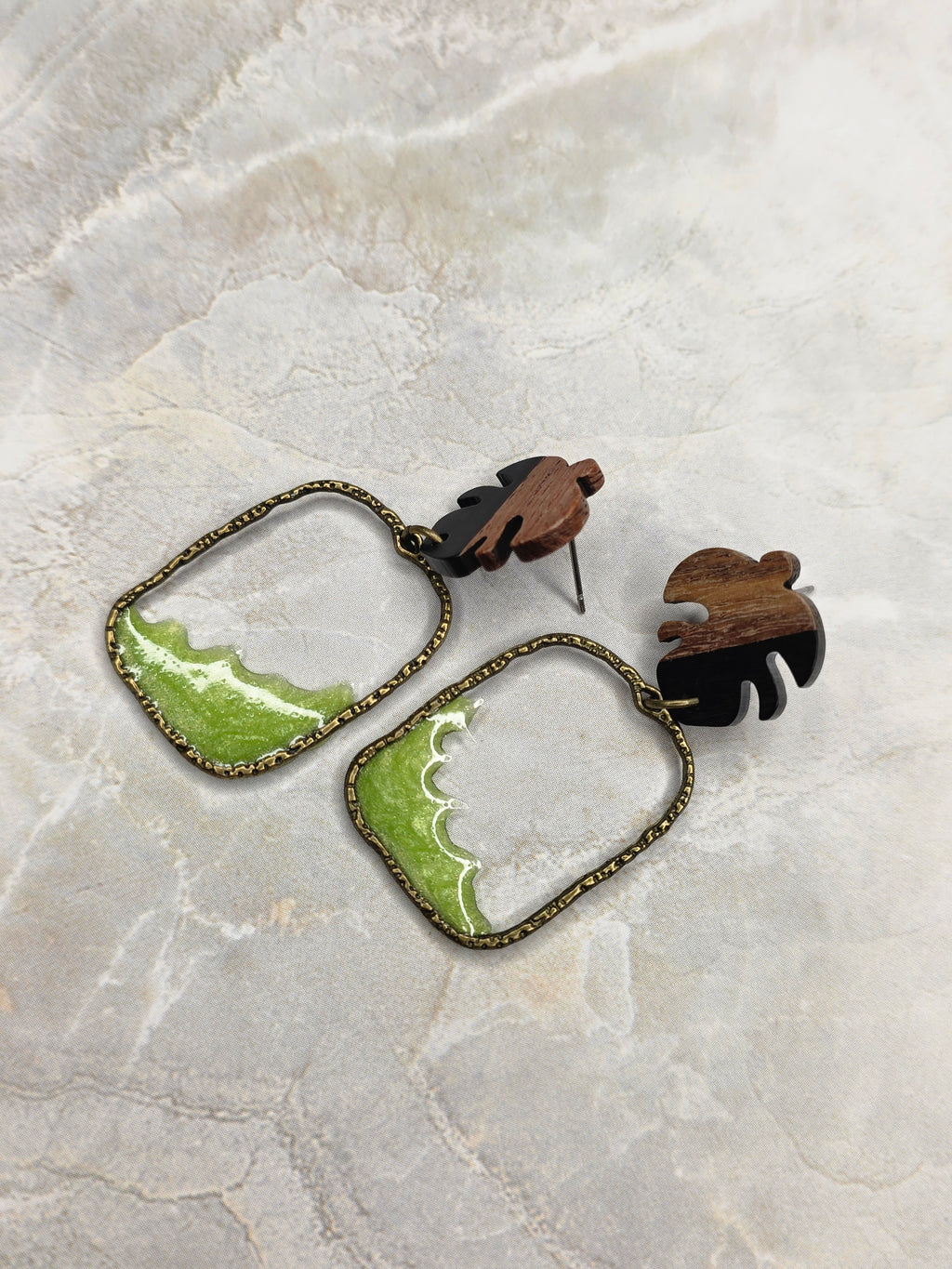 Wood & Resin Monstera Leaf Dangle Earrings |