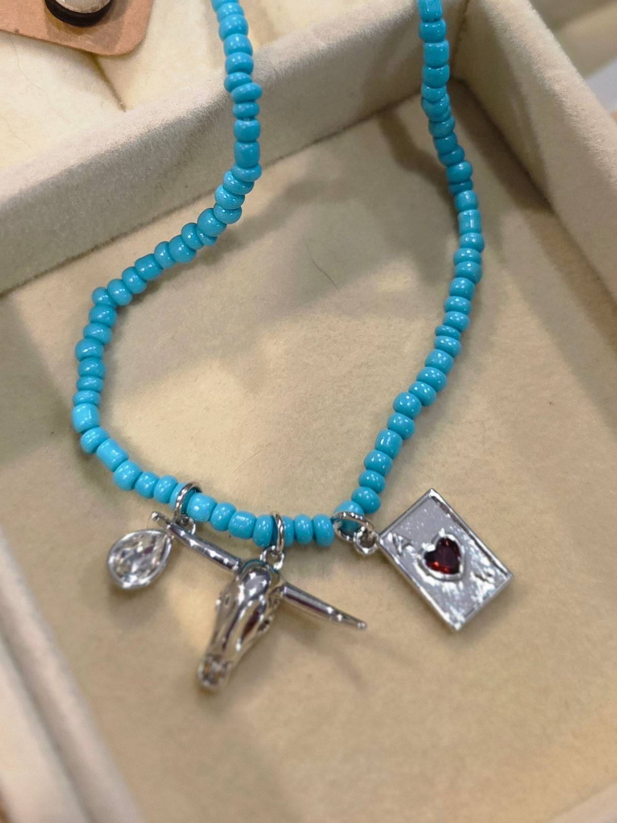 Turquoise Seed Bead Charm Necklace