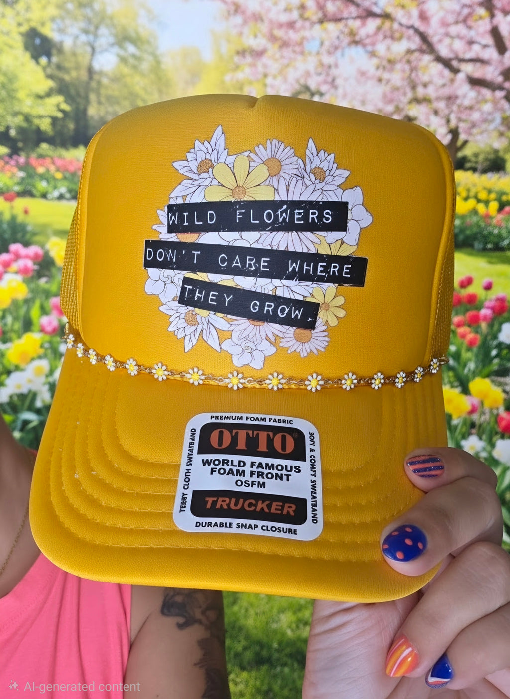 A bright yellow trucker hat held by two hands in front of a blurred garden background. The hat features a graphic of white and yellow wildflowers with black text reading 'WILD FLOWERS DON'T CARE WHERE THEY GROW', a gold beaded front band, and a white sticker on the brim that reads 'OTTO WORLD FAMOUS FOAM FRONT OSM TRUCKER'.