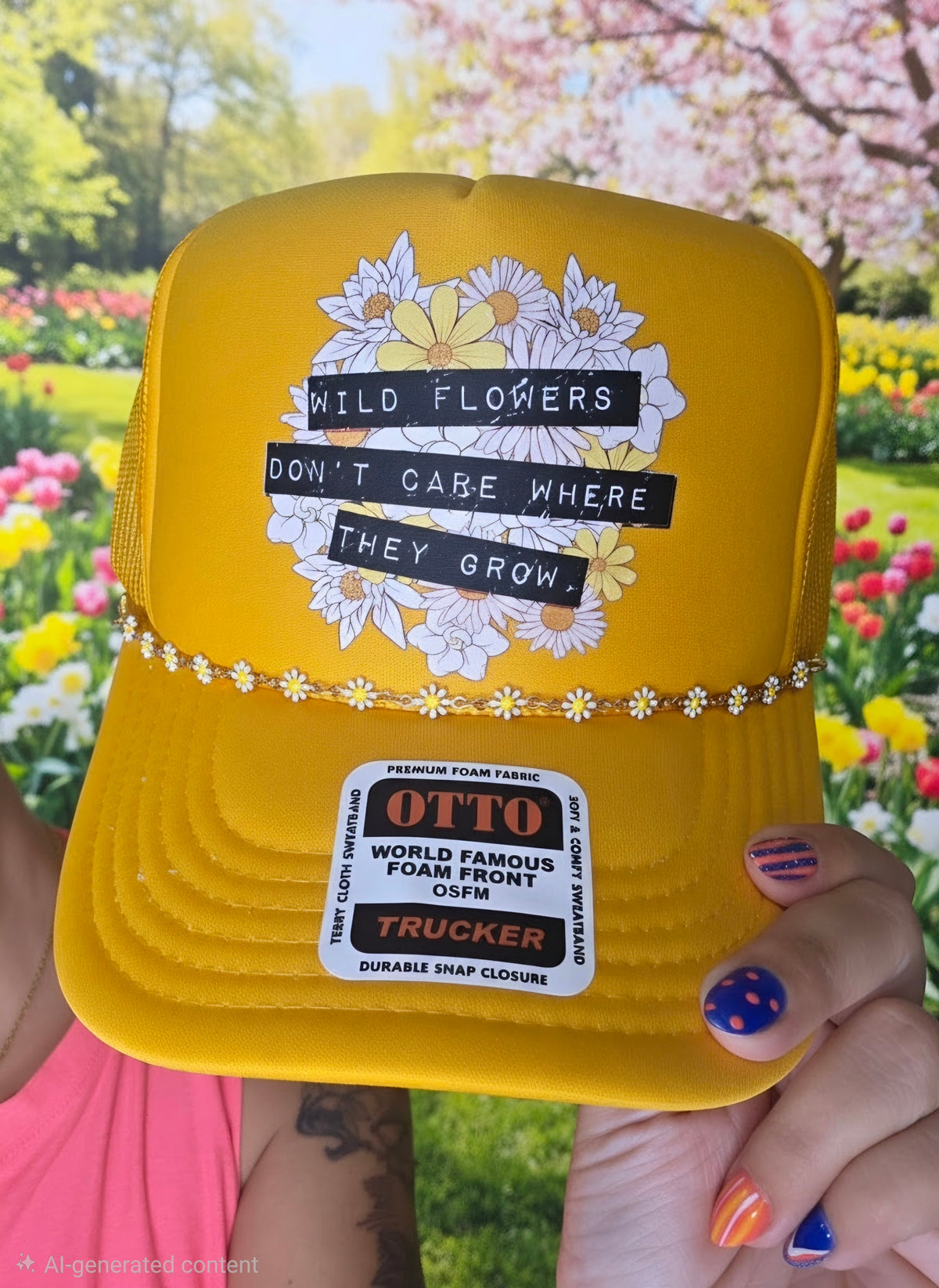 A bright yellow trucker hat held by two hands in front of a blurred garden background. The hat features a graphic of white and yellow wildflowers with black text reading 'WILD FLOWERS DON'T CARE WHERE THEY GROW', a gold beaded front band, and a white sticker on the brim that reads 'OTTO WORLD FAMOUS FOAM FRONT OSM TRUCKER'.